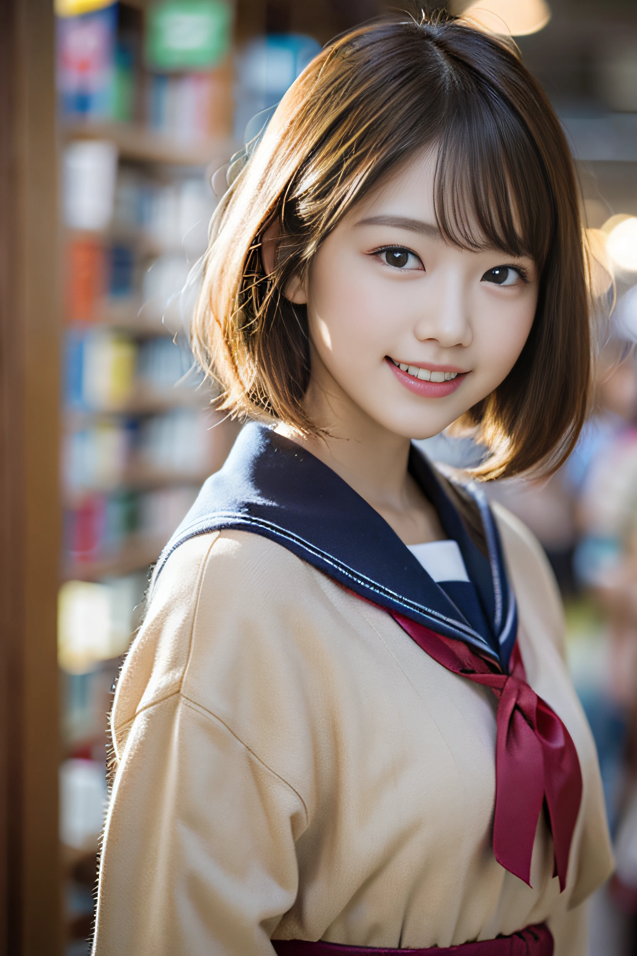 (((masterpiece))), (((full body photo,sitting))), (one beautiful girl, innocence,cute) ,ultra high resolution, reality, Super detailed, 8k,highest quality, very detailed, blurred background,thin,small breasts,(very beautiful japanese girl, detailed face:1.3), (short black hair :1.4), (baby face,cute系,Adorable 10 year old beautiful girl), (perfect body:1.1),((plain winter sailor suit,red scarf,navy pleated skirt))、rosy cheeks,relieved look,Super detailedな顔、detailed lips、detailed eyes、small gravure idol,transparent skin、ta,Photoreal:1.37、bright sunny day、Inside the family restaurant,warm food,Wearing junior high school winter clothes,A busy store,bright lighting,relaxed atmosphere