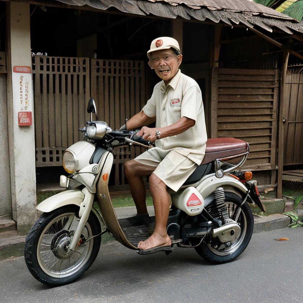 Old Malay man, ride Honda cub c70, Malay village vibe, realistic, race