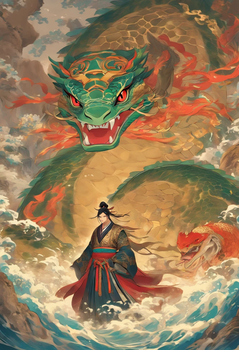 filmposter，The sacred beast of Shan Hai Jing，gourmand，cannibalism ， scaleless ，Angular ， quadrupedal ，Avareza ， ferocious ，immensity ，Devouring ，火焰 ， Dragon body ，Lion's head ， Tiger claw ， Snake tail ， mistic ，legends ， ancientry ， mito ，Cultural symbols ，funk，Dunhuang art，black and gold，2D，low  angle shot，very imaginative，Epic。