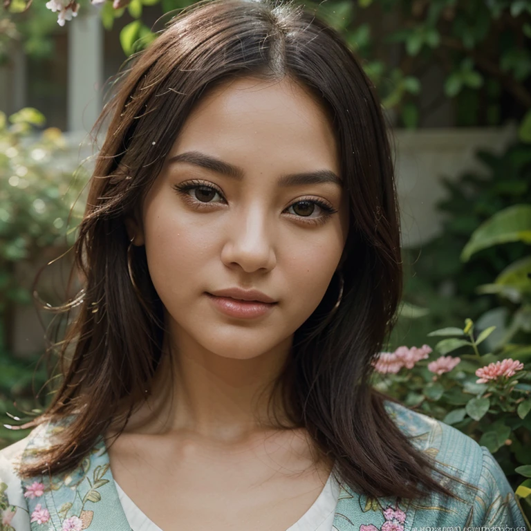 Ultra-detailed, photorealistic, high-quality, 3D rendering of an Asian woman with a well-defined bust in a vibrant garden. The woman has mesmerizing, detailed almond-shaped eyes that glisten beautifully. Her lips are exquisitely detailed, with a delicate curve and a hint of a smile. The eyes and face are extremely detailed and capture the woman's grace and elegance. She has long eyelashes that add to the captivating charm of her eyes.

The artwork showcases the use of mixed media, combining digital techniques with traditional painting to create a visually striking piece. The colors are vivid and vibrant, with a warm, summery palette that complements the lush greenery of the garden. The lighting is soft and natural, casting gentle shadows on the woman's face and highlighting the intricate details of her features.

The garden is filled with blooming flowers of various colors and shapes. The woman is surrounded by a sea of vibrant petals, creating a sense of serenity and harmony. She stands with poise and confidence, her posture reflecting her inner strength and beauty.

The overall composition is balanced and visually pleasing, with attention to composition and framing. The focus is on the woman and her connection to nature, emphasizing her femininity and the beauty of the natural world. The artwork captures a moment of tranquility and inner peace, inviting the viewer to contemplate and appreciate the beauty of the world around us.

This masterpiece is created with the best quality, ensuring a high-resolution result suitable for printing on large canvases or displaying on high-resolution screens. With its ultra-fine painting and sharp focus, this artwork showcases the artist's attention to detail and commitment to creating a visually stunning piece.

Be aware of：Please combine the above content into a prompt，Do not have segmented descriptions。