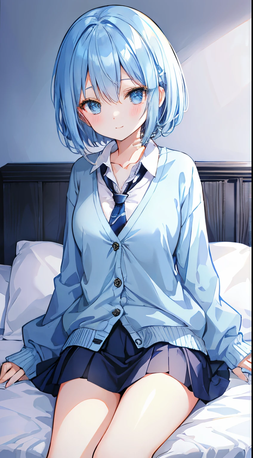 Beautiful illustration、top-quality、prety woman、Bedroom、lightblue hair、Bob Hair、Happiness、Black miniskirt、White blouses、long、Tie Black、cardigan light blue、natta