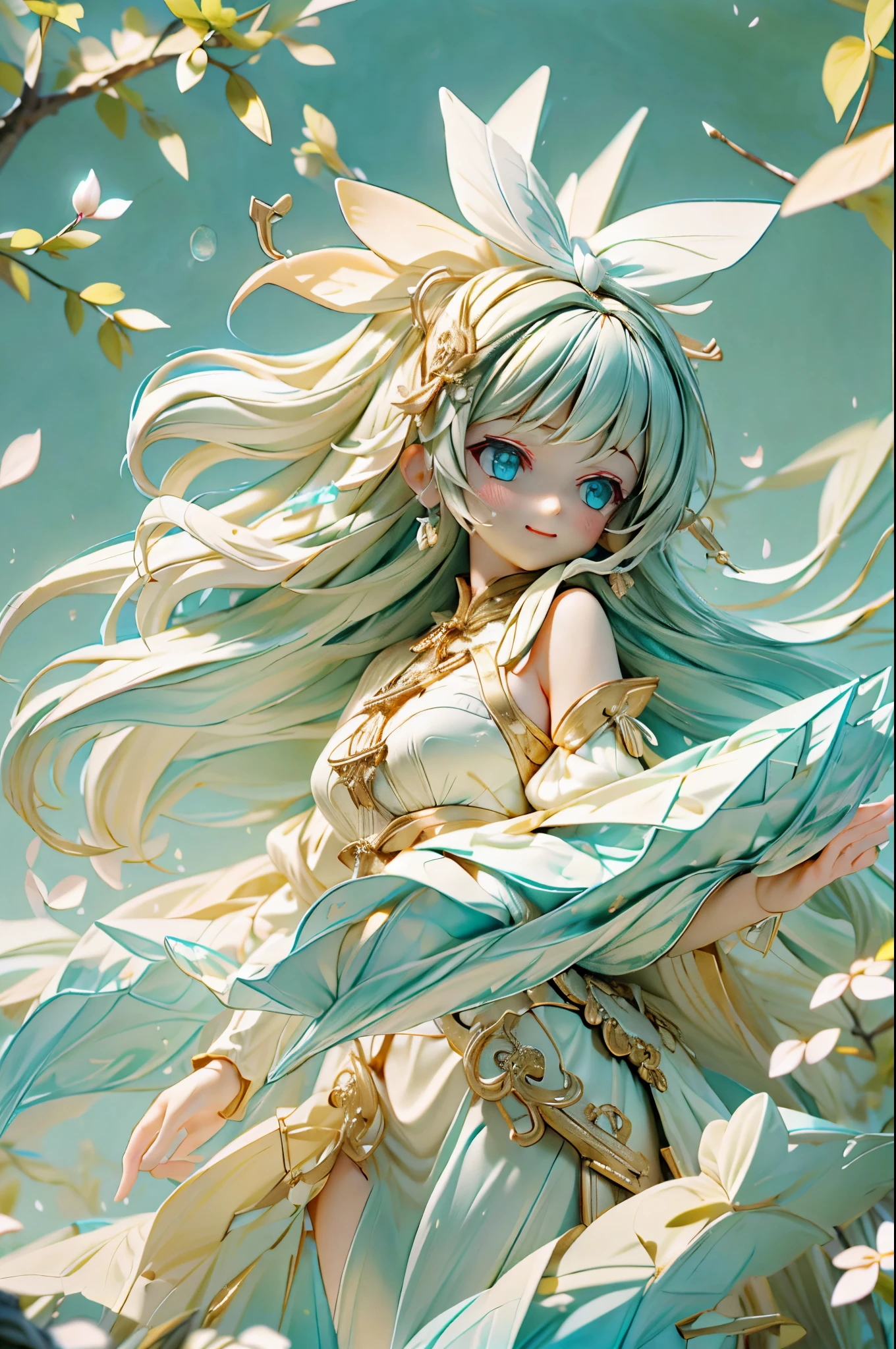Floating hair and detailed mouth,a smile、The girl wears a white hair ribbon with a black border、magical little girl、intricate detailes、doress、clear and beautiful、full bodyesbian、Best detailed girls、thick thight、Slouched、Beautiful detailed whole body、perfect bodies、femele、20yr old、long light wavy hair、hime-cut、bangss、air bangs、Beautifully detailed longtail、Flat knitting、red streaked hair、 beautiful detailed hair、extremely beautiful detailed anime face and eyes、^ ^、beautiful detailed deep eyes、Parted lips、Delicate arm and hands、highlydetailed skin、Large top sleeve、Hair bow、Feathers in the dress、Complex filigree、sleeveless dresses、bra very、translucent fluttery skirt、over exposure、long top sleeves past the fingers、bare thigh、finely detailed cloth、cyan color clothing、plein air、flower petals、 many scattered luminous petals、shimmer、refined rendering、Highly detailed CG8k wallpapers、8k wallpaper、masterpiece、Overexposed、