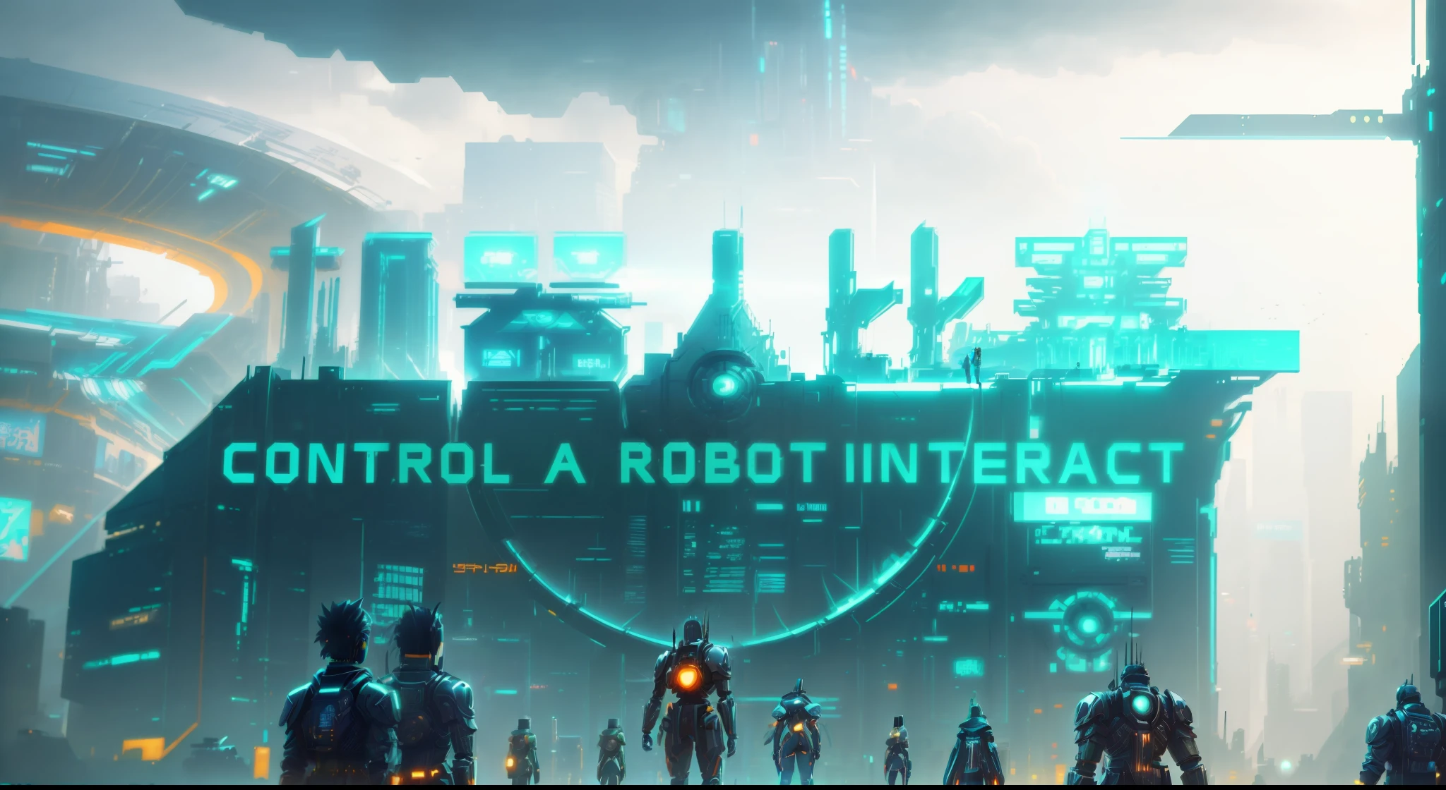 A group of people stand in front of a futuristic city, Robotic, 2D game, digital cyberpunk anime!!, 2 d CG, front cover of a new video game, we all need control, control, cyborg ninja, giant robots, in a cybercity, super robot, Death and robots, Futuristic dystopia endless, cyber punk style, Cyberpunk themed, anime cyberpunk