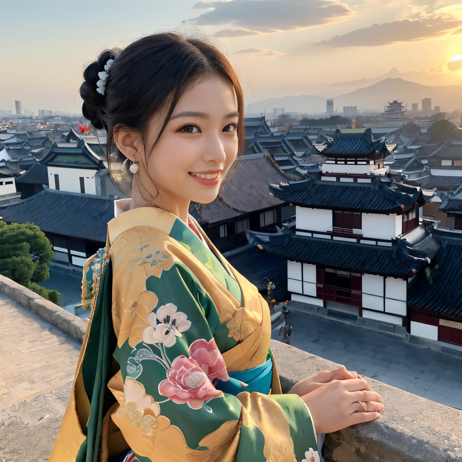 ((top-quality、masutepiece、8K、Top image quality、Very complex and detailed details、big bright sunset、Very high saturation))、(1 photo:1.7)、(The whole picture:1.7)、(the princess is near、A deep Heian period townscape:1.7)、(Close-up photo of a woman :1.5)、(Take a photo from the upper body of the princess:1.5)、(very bright sunset sky:1.3)、((1 Princess、empress、Princess of the Heian period、perfect chignon、Mainly female close-ups、Standing against the background of a gorgeous city、High class courtesan kimono))、((Atmosphere of the Heian period、Gorgeous Heian period townscape、A panoramic view of the vast capital of the Heian period、A panoramic view of the huge and majestic Niwa lacquer building、A panoramic view of the beautiful and perfect Heiankyo、beautiful and luxurious tiled roof、Overlooking many luxurious buildings、Beautiful sunset、Fantastic sunset、Magnificent sunset、bright bright sunset、spectacular movie lighting、luxurious and complex building、A splendid reproduction of the Heian capital、Luxurious cityscape from the Heian period、A stunning reproduction of Japan&#39;Heian period))、(View me、Look at viewers、perfect anatomia、Biggest smile、The happiest smile)