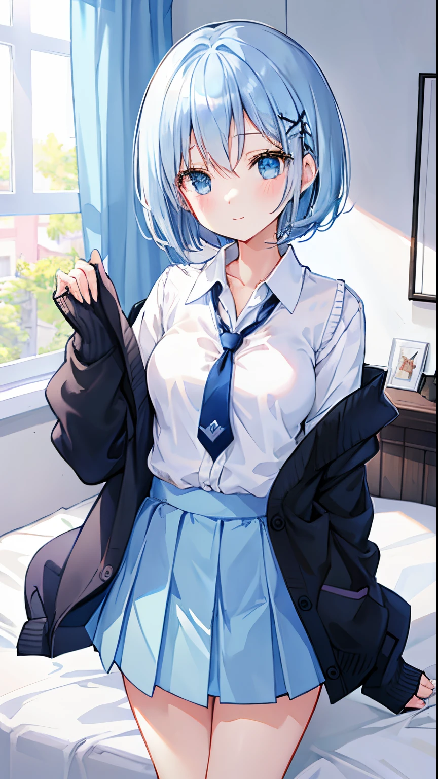 Beautiful illustration、top-quality、prety woman、Bedroom、lightblue hair、Bob Hair、Happiness、Black miniskirt、White blouses、long、Tie Black、cardigan light blue、natta