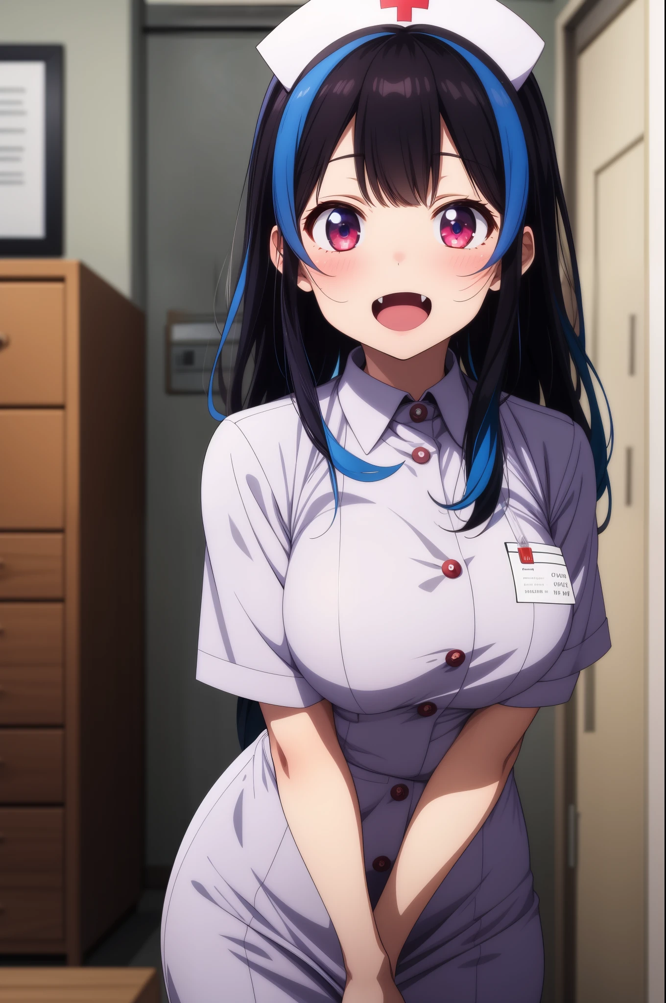 masterpiece, beautiful, best quality, perfect eyes, 1girl, solo, large breasts, light smile, opened mouth, mini yaemori, fang, red eyes, black hair, multicolored hair, long black hair, two distinguishing blue streaks, straight cut bangs, nurse uniform, nurse cap, standing, bedroom