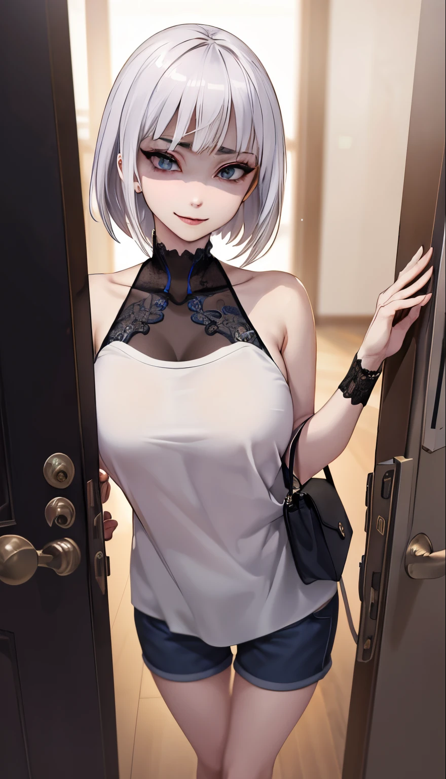 (Cinematic Digital Artwork: 1.3), High quality, masutepiece, of the highest quality, Super Detail, Illustration, [4K Digital Art]、 lndswgnr, (Sharp Focus: 1.5), (Moody lighting:1.2), depth of fields, Bokeh, 4K 、High resolution, ultra-detailliert, the Extremely Detailed CG Unity 8K Wallpapers, Realistic, Photorealsitic, Raw photo, beautifull detailed face, pale skin, realistic glistening skin, Detailed Cloth Texture, detailed hair texture, Perfect body, Beautiful face, acurate, Anatomically correct, Highly detailed face, Eye and skin texture, Natural neck length, (Beautiful eyes), (Beautiful hands), (Glossy skin:1.2), thin legs, Thin feet, Detailed people、A detailed face、细致背景、Busty anime girl standing on the stairs holding a plastic bag, Seductive Anime Girl, Ilya Kuvshinov. 4 k,  at pixiv, [ 4 k digital art ]!!, Revealing clothes, Top Rated on pixiv, pixiv 3dcg,  (SFW) safe for work、Drunk、shortpants、Tank Tops、Bring your own drinks、Drunk、Drunk、leaning on door、