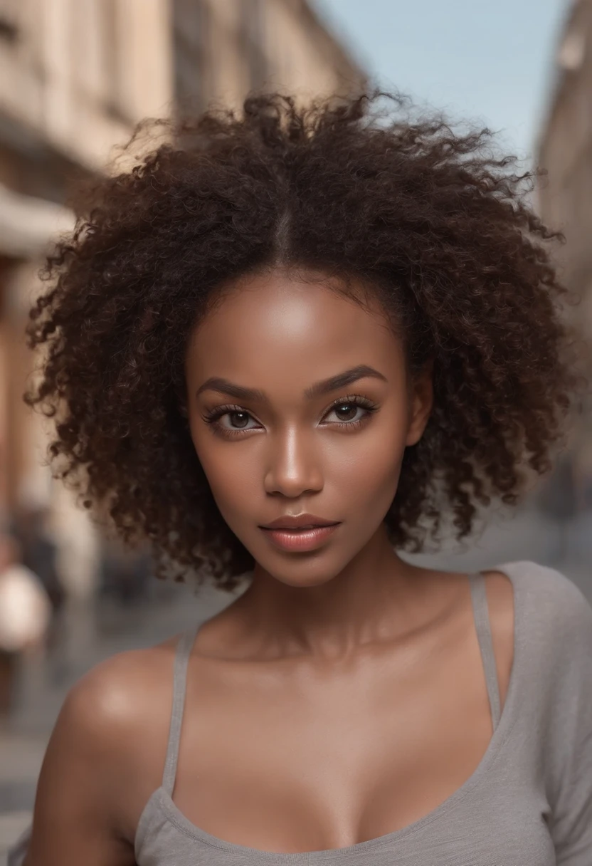 ((Dark African skin, Very deep ebony skin)), ((Its beauty is undeniable)), ((cute excited face)), ((Hyper detailed perfect eyes,)), ((pose mignonne)), ((Langue sortie)), ((Attirant )), sexy, (( Tight knit shirt, shorts courts sexy)), ((Afro curly African hair afro ponytail afro,)), (( peau)), ((debout, vue de face)), ((toucher ses propres jambes dans une pose sexy)), ((dehors, Ville publique)), CGI ciblé, Fotorrealista, High detail, Realstic, Master part, Absurde, Best quality, Hdr, highly quality, high-definition, extremly detailed, 8k wallpaper, intricate high detail, 8K UHD, Full-HD, (photo realist:1.2), contraste, intense illumination, lighting cinematic, natural lighting, hard light, contre-jour, Illumination globale, occlusion ambiante, face camera