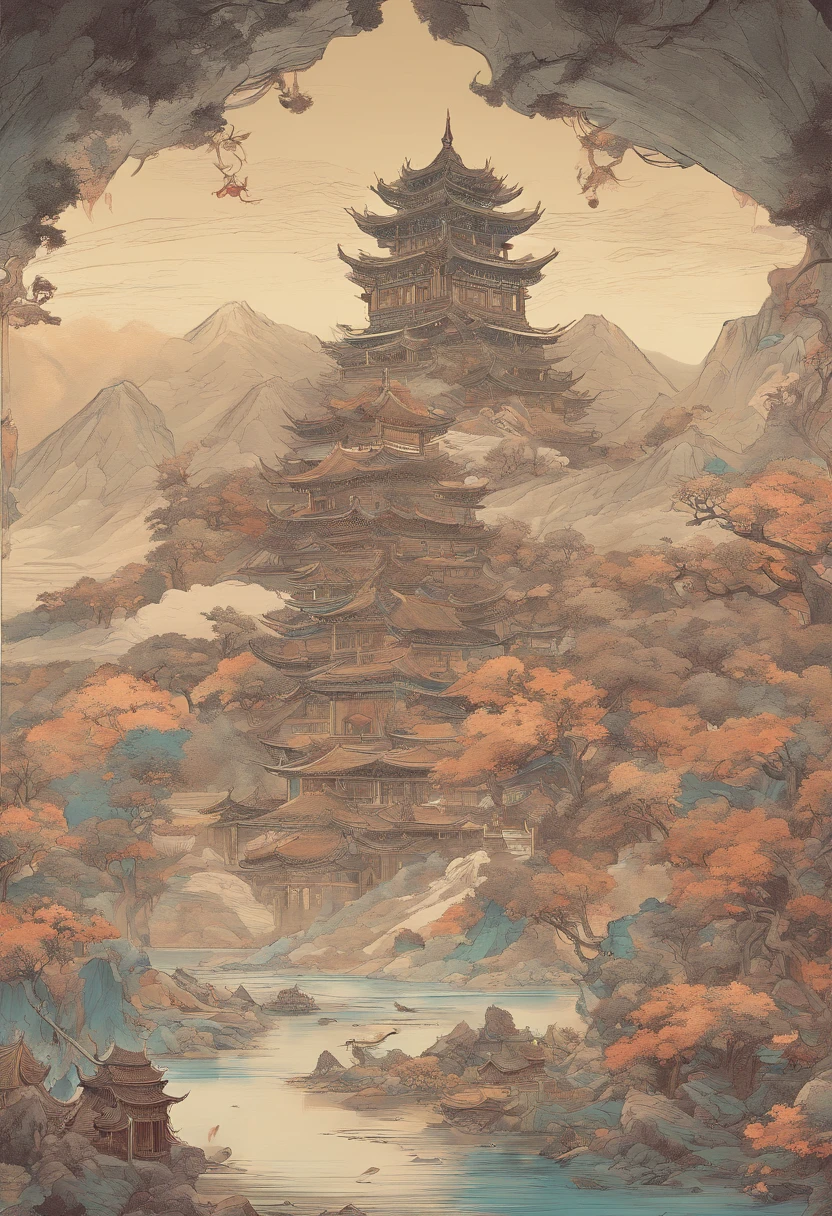 (Best quality at best,8K,A high resolution,tmasterpiece:1.2),ultra - detailed,(actual,realisticlying,Photorealistic:1.37),Ancient beasts from hell，Chinese mythology，Mountain and Sea Sutra，Mountains and sea,Ancient legends,mythical unicorn,Sparkling golden scales,deer antlers,mane hair,sbeard,sharp talons,beast of prey，bucktooth，sparkling big eyes， Intricate fantasy ink painting, Detailed fantasy ink illustration, The fantasy is very detailed, beautiful detailed fantasy, The magic fantasy is very detailed, Highly detailed fantasy art, Rivendell Epic Fantasy, japanese fantasy, detailed fantasy digital art, chinese fantasy, detailed fantasy art,Extraction of Dunhuang artistic elements、Extraction of Dunhuang artistic elements