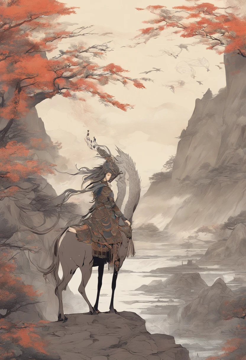 (Best quality at best,8K,A high resolution,tmasterpiece:1.2),ultra - detailed,(actual,realisticlying,Photorealistic:1.37),Ancient beasts from hell，Chinese mythology，Mountain and Sea Sutra，Mountains and sea,Ancient legends,mythical unicorn,Sparkling golden scales,deer antlers,mane hair,sbeard,sharp talons,beast of prey，bucktooth，sparkling big eyes， Intricate fantasy ink painting, Detailed fantasy ink illustration, The fantasy is very detailed, beautiful detailed fantasy, The magic fantasy is very detailed, Highly detailed fantasy art, Rivendell Epic Fantasy, japanese fantasy, detailed fantasy digital art, chinese fantasy, detailed fantasy art,Extraction of Dunhuang artistic elements、Extraction of Dunhuang artistic elements