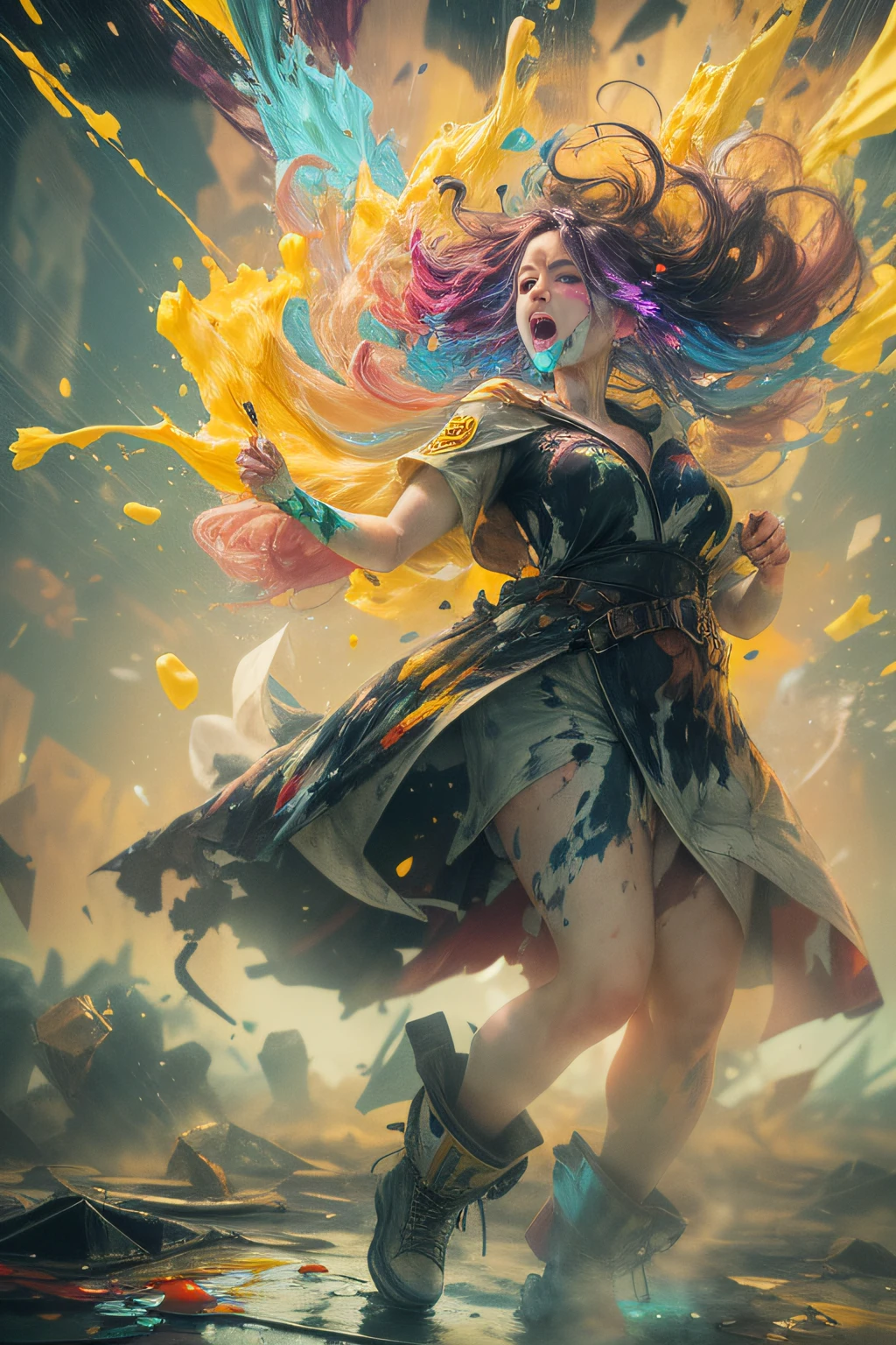 1 girl, solo, (level difference:1.8),(Paint colliding and splashing on the canvas),(depth of field),(flat color :1.1,(yellow theme)),1 girl,screaming,propaganda poster,full body,strong wind,heavy smoke,(liquid paint rainbow hair:1.1) made of paint and defies gravity,thick flowing,(paint splatter:1.3),Liquid state,stunningly beautiful, masterpiece, detailed background,ultra high quality model, ethereal background,abstract beauty, explosive volumetric, oil painting,heavy strokes,Romantic lighting,Sub-Surface Scatterring,glow,8k,high resolution, dreamy,ray tracing,hdr,god rays, makima,