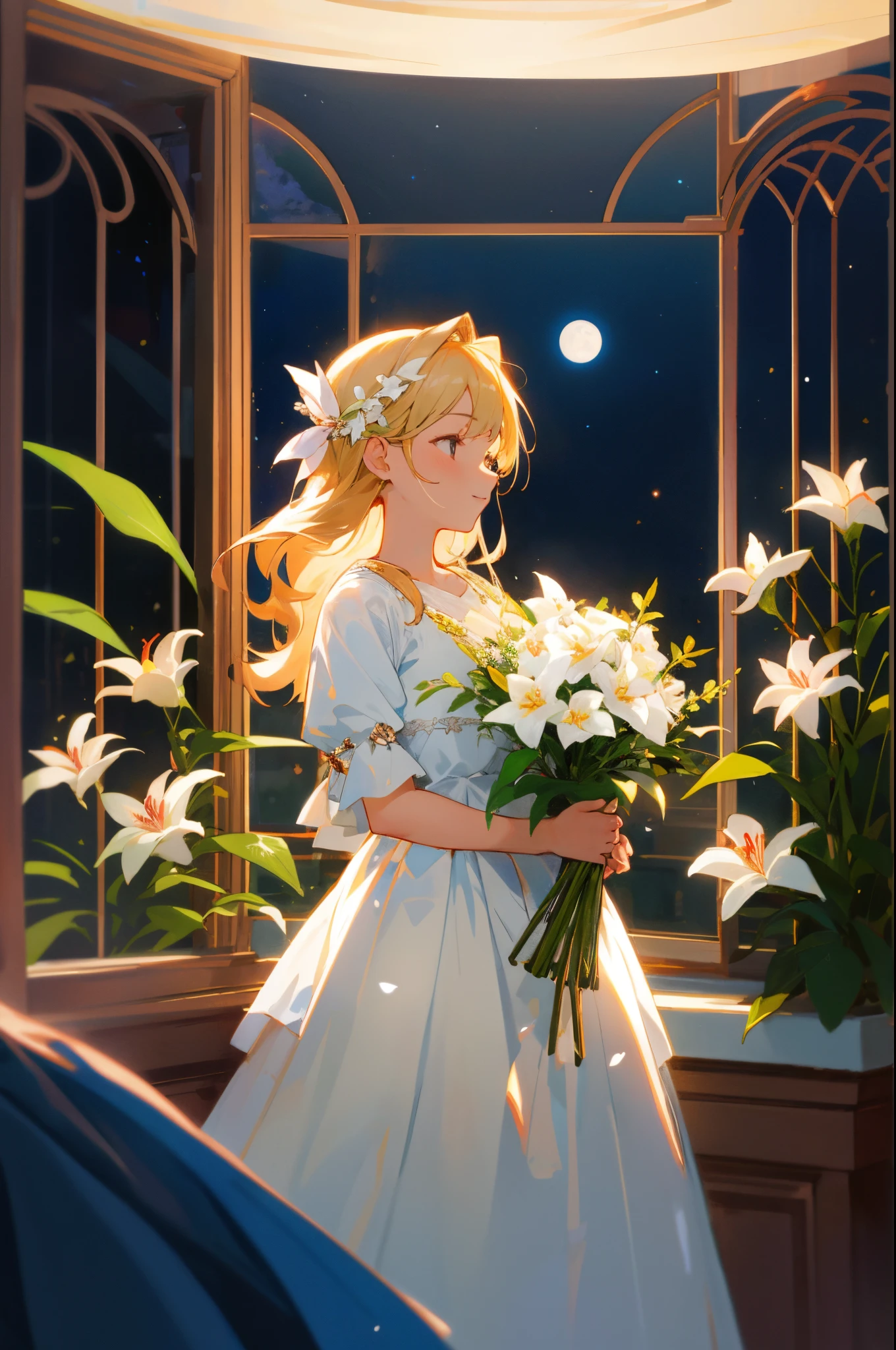 Stunning bouquet of roses and lilies in a ceramic vase, red and white colors, a cozy room, a garland, an open window, the moon and stars, evening, an atmosphere of comfort, a young girl with blonde hair and a white dress enjoying it all, masterpiece, super detail, UHD, UHD, UHD, anatomically correct, textured skin, high details, award winning, best quality, high quality, highres