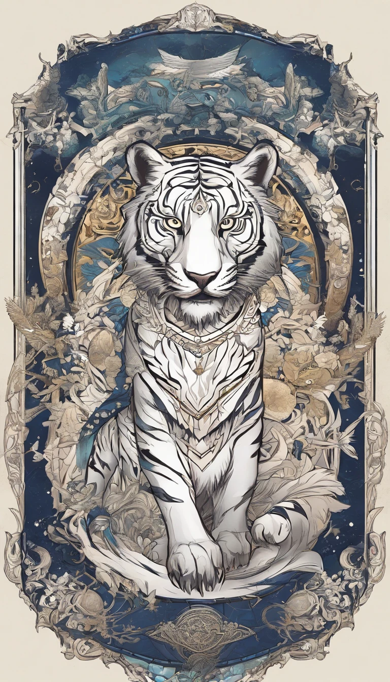 Tablet Sketch of Armor Portrait of Holy White Tiger from Classic of Mountains and Seas、kosmos、rays of moonlight、punky style、old paper texture,in mecha style,The is very detailed,Live-action,China-style