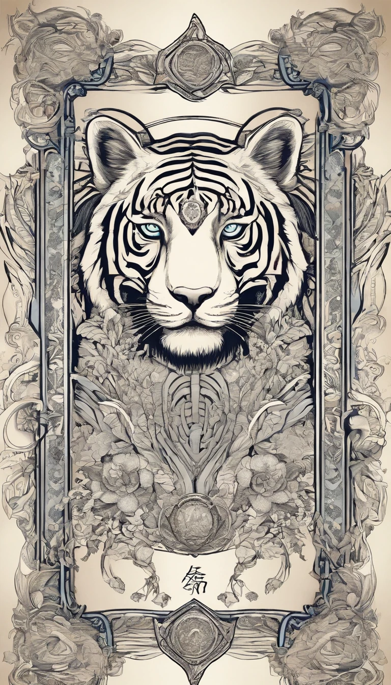Tablet Sketch of Armor Portrait of Holy White Tiger from Classic of Mountains and Seas、kosmos、rays of moonlight、punky style、old paper texture，in mecha style，The is very detailed，Live-action，China-style