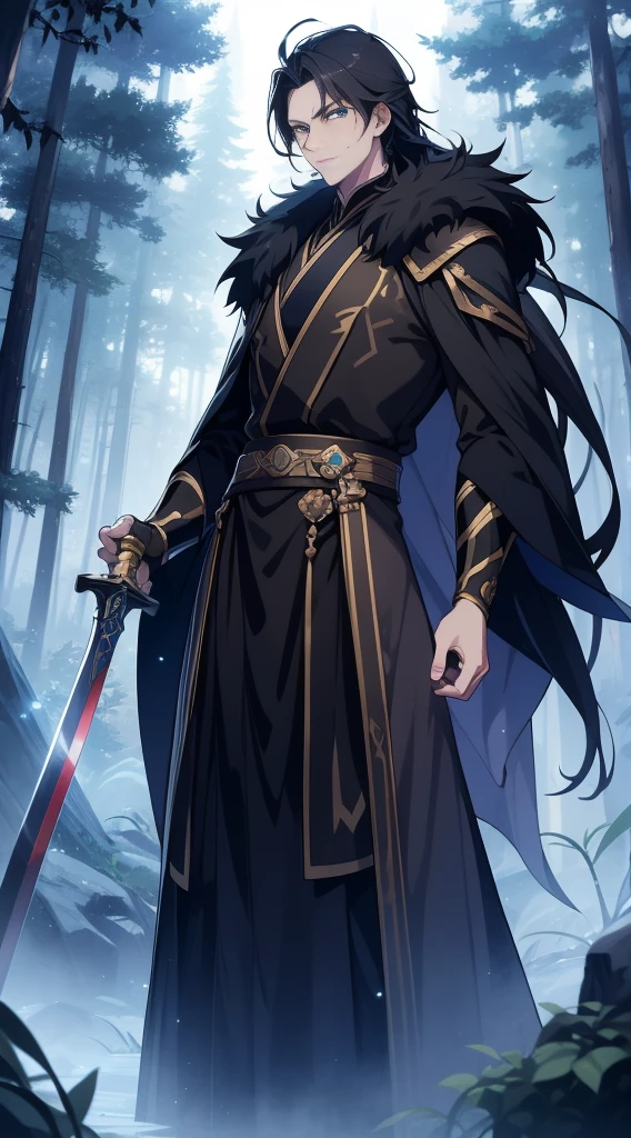 quadratic element，style of anime，One guy（male warrior），The proportions are correct，Face details，swordsman，cabelos preto e longos，Neck details，Black fur collar，There is an Adam&#39;apples，bitch suit，joke，robe，clothes details，surrender，longer sleeves，Game quality，sword fight，Light and shadow tracking，Ray traching，Detailed luminescence，cg render，hair detail，mesmerizing eyes，Handsome，Handsome，（juvenile sense），Clothing is complicated，at a forest，natta，starrysky，Perfectcomposition，Refinement，high high quality，More detailed，A lot of detail，The background is complex，a sense of atmosphere，