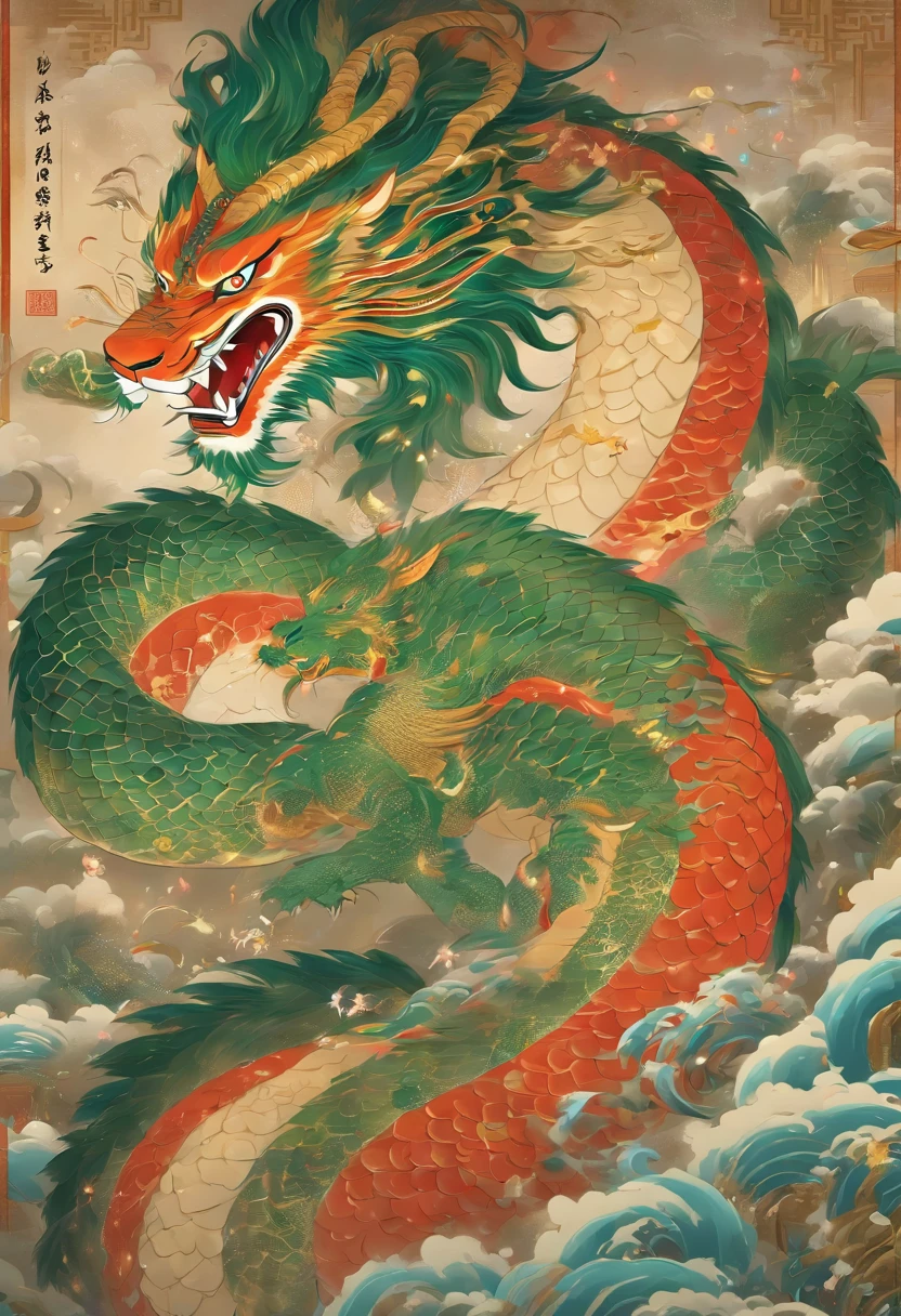 filmposter,The sacred beast of Shan Hai Jing,Green Dragon,The body is shaped like a long snake,The head is shaped like a unicorn,The tail is like a carp。It has long whiskers on its face,The horns are like deer,There are five claws,Overall appearance is mighty,Body like a tiger,red body and blue head,Color is blue,mistic ,legends , ancientry , mito ,Cultural symbols ,Dunhuang art,black and gold,2D,low angle shot,very imaginative,Epic。