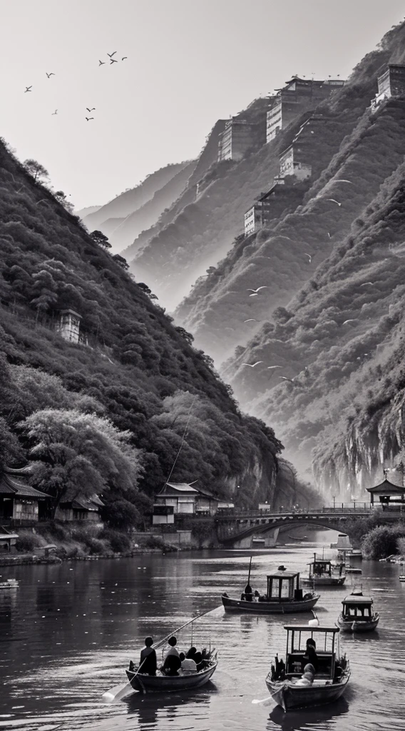 Black and white ink，China-style，Three gorges、High hills、rios、A flock of birds in the sky，there are large and small，Fly far away slowly，Fishing boats on the river，Fishermen punting on fishing boat，Don't want a house，The style is flowy
