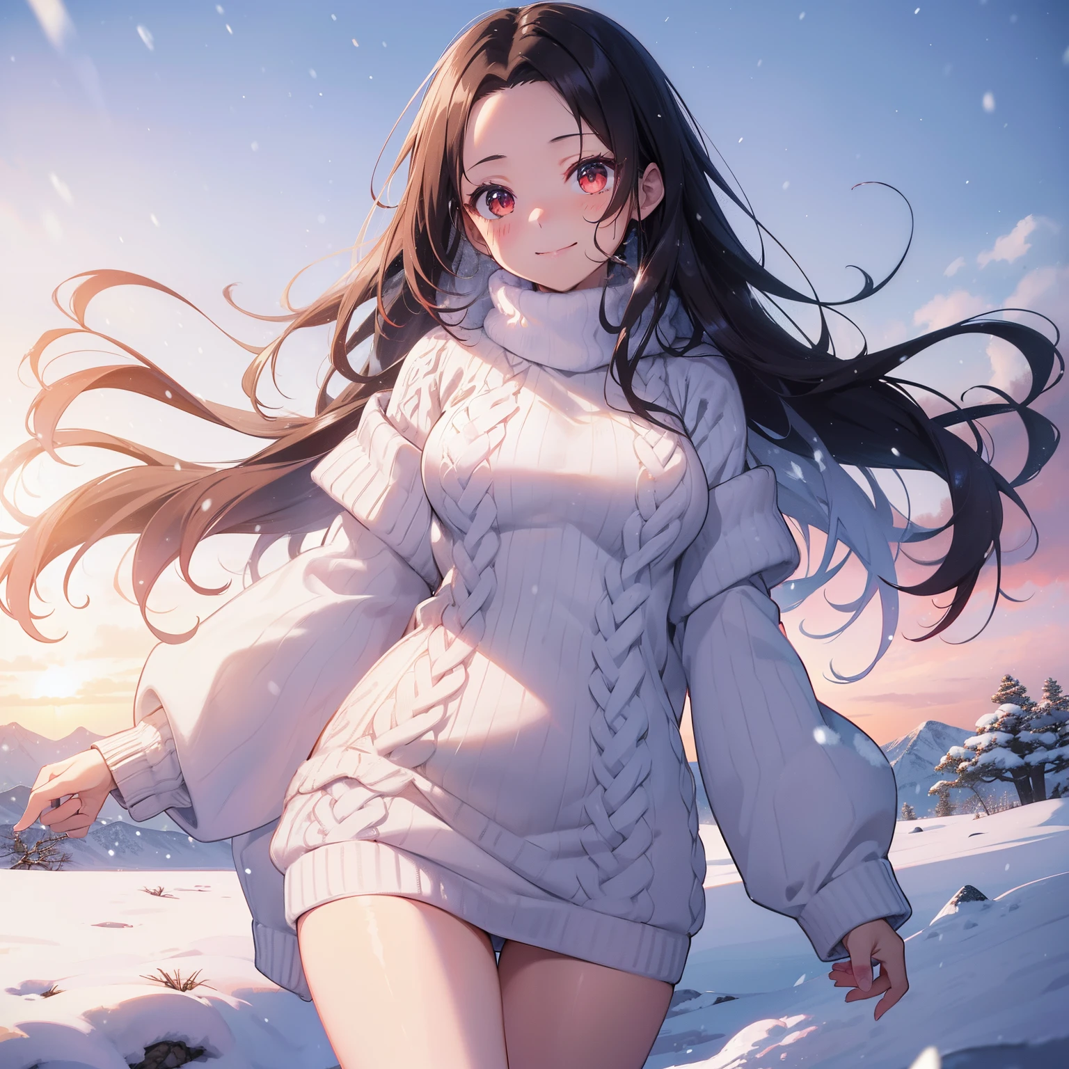 (masutepiece,Best Quality,8K),(extremely detailed CG1.1),s girl,Smile,large boob,(From below:1.2),Intricate details , Hyper realistic, Perfect Anatomy,A dark-haired,Red Eyes,(((Forehead))),Permed hair with wavy hair,(((length hair))),Hair over one eye,hair slicked back,Full body,(((Sweaters,Winter gear))),blush,Happy smile,(((in snow mountain))),Lens Flare,Wind,Magnificent view,(chromatic abberation:1.3),Dynamic Angle,Cowboy Shot,Looking at Viewer,It's snowing,is standing