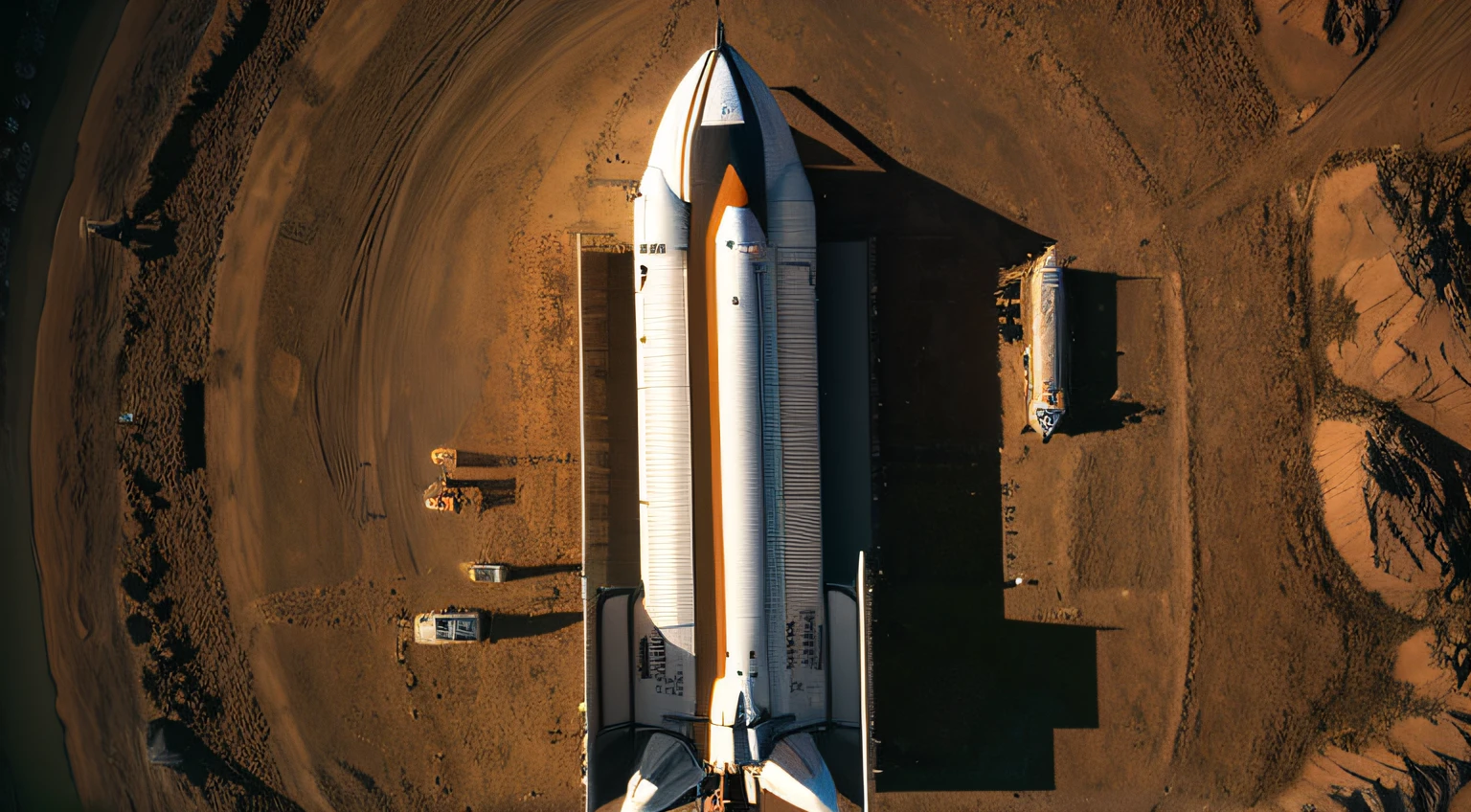 Space rocket to the edge of Mars, Mars is huge, space rocket metallic texture, glossy, realistic, hyper-realistic, bright picture, different machines, starry sky, daytime, large details of the space shuttle revealed, super wide angle, bird's-eye view, high reality, light and dark