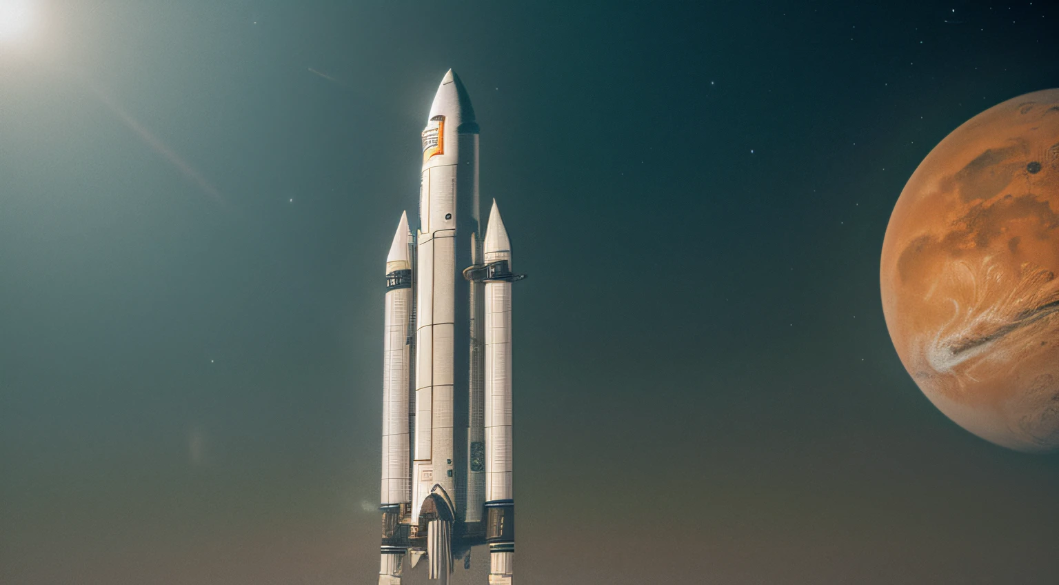Space rocket to the edge of Mars, Mars is huge, space rocket metallic texture, glossy, realistic, hyper-realistic, bright picture, different machines, starry sky, daytime, large details of the space shuttle revealed, super wide angle, bird's-eye view, high reality, light and dark