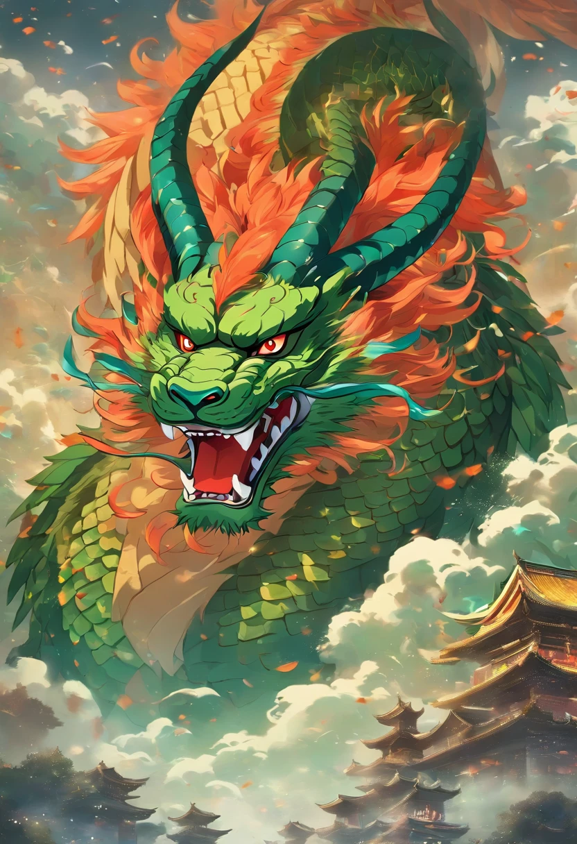 filmposter，The sacred beast of Shan Hai Jing，gourmand，cannibalism ， scaleless ，Angular ， quadrupedal ，Avareza ， ferocious ，immensity ，Devouring ，火焰 ， Dragon body ，Lion's head ， Tiger claw ， Snake tail ， mistic ，legends ， ancientry ， mito ，Cultural symbols ，funk，Dunhuang art，black and gold，2D，low  angle shot，very imaginative，Epic。
