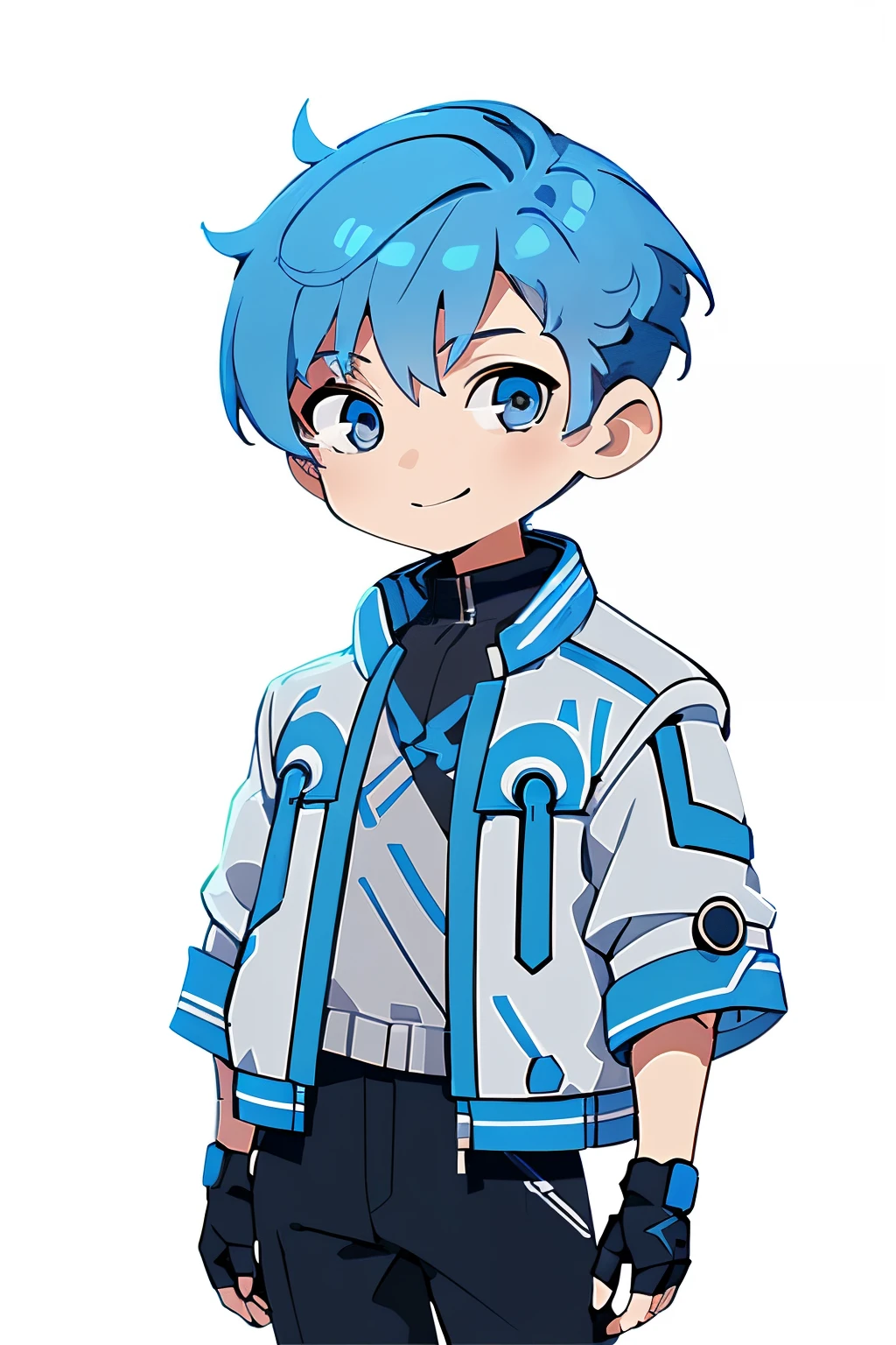 Concept art, original character design, Q version of the character, best quality, ((1 boy)), light smile, ((blue short mashroom hair)), (cool grey eyes, blue and white futuristic jacket), (digital vision background), (chibi)