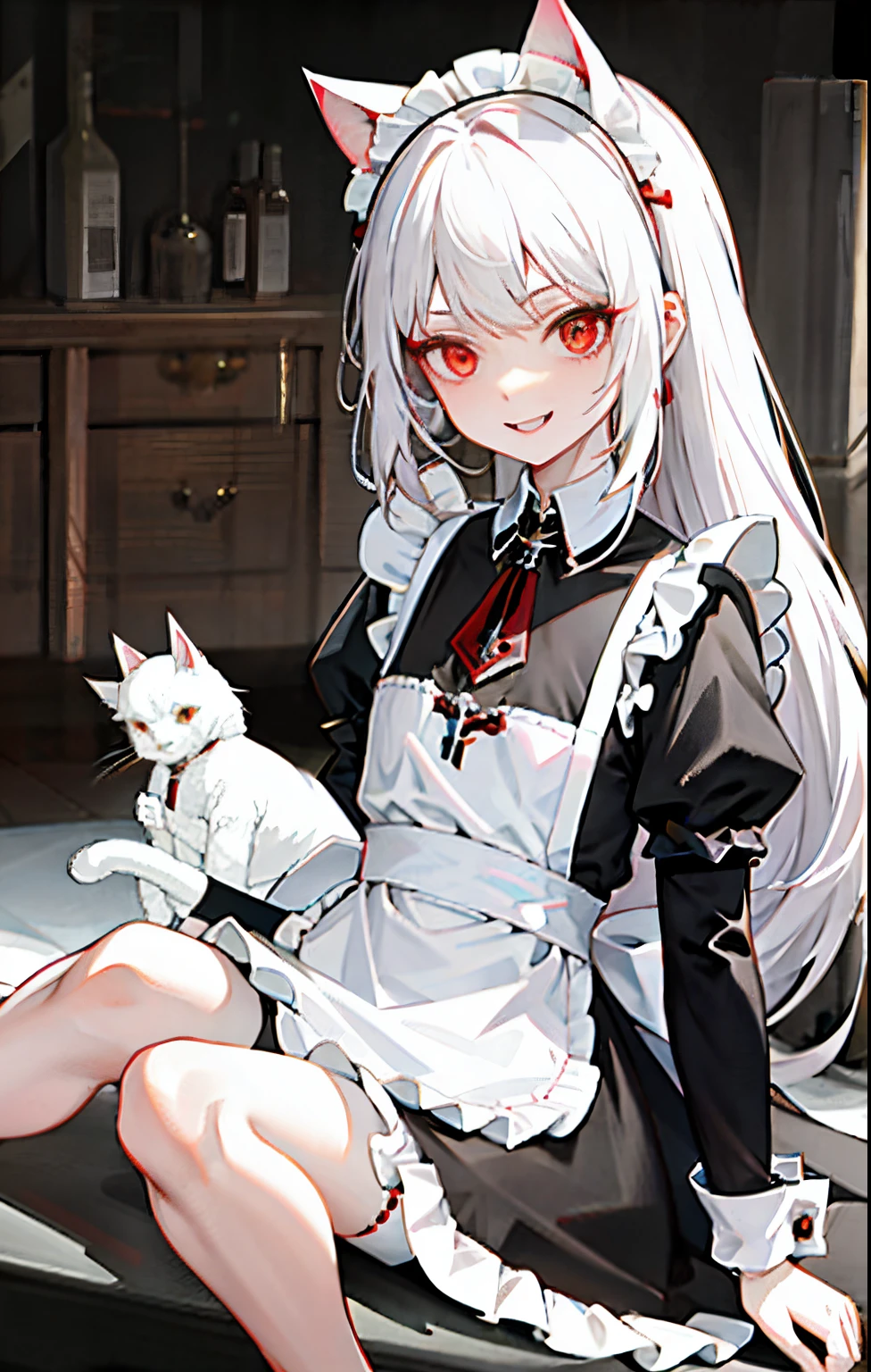 White hair, Red Eyes, girl, High Ponytail, maid clothes, cat ear