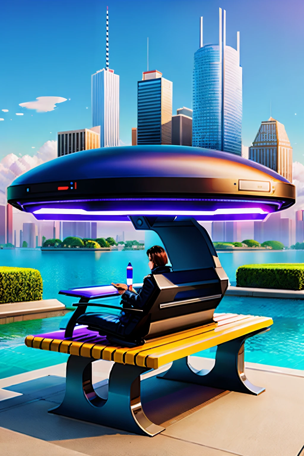 i want to futuristic bench on 2250 futuristic city