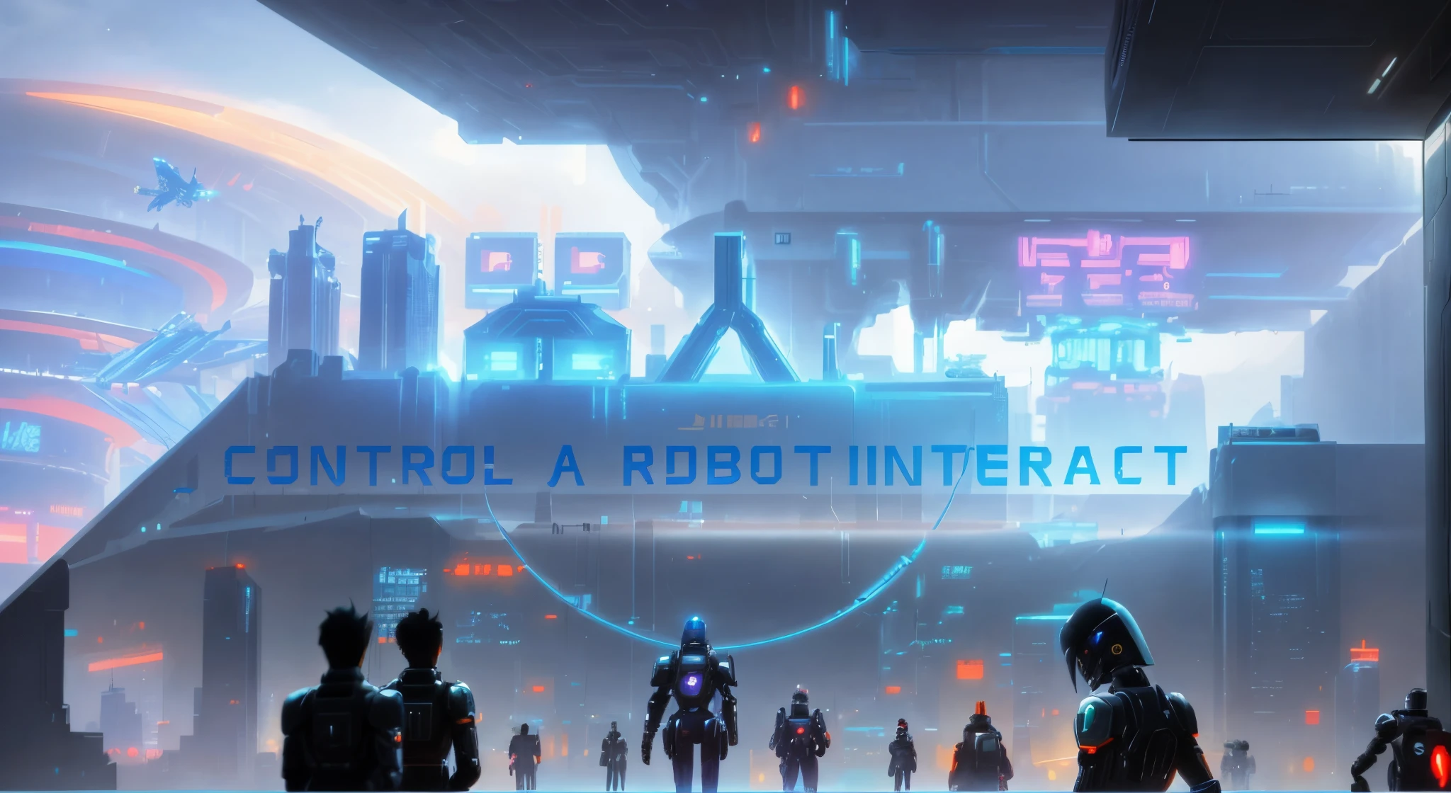 A group of people stand in front of a futuristic city, droid, 2D game, digital cyberpunk anime!!, 2 d CG, front cover of a new video game, we all need control, control, cyborg ninja, giant robots, in a cybercity, super robot, Death and robots, Futuristic dystopia endless, cyber punk style, Cyberpunk themed, anime cyberpunk