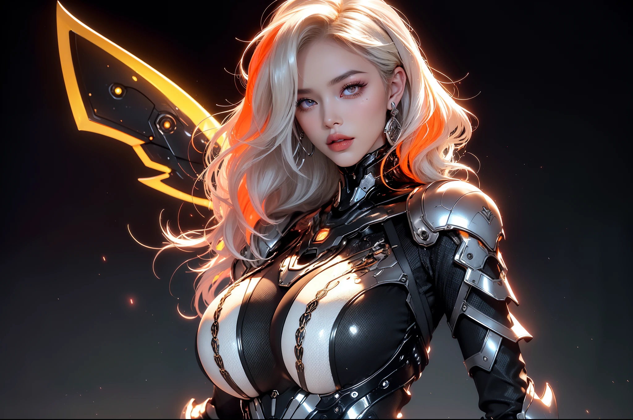 (masterpiece), best quality, expressive eyes, perfect face, beautiful details face, beautiful round eyes, full body, A beautiful mature woman in cyber armour suit shows her Extremely busty and attractive breasts, (arrogant face), (platinum red hair), (pixie cut, streaked hair, expressive hair, shiny hair, glowing hair, multicolored hair, gradient hair, colored inner hair, straight hair, very short hair), fair skin, (beautiful detailed full bodysuit:1.3), (full body cyber armour),(cybernetic wings:1.2, mechanical wing:1.2), glowing and shining armour, silver and orange cyber armour, (Edge lights:1.3), (silver and orange colour scheme:1.3), neon light on armor, beautiful details eyes, (purple eyes:1.3), (glowing eyes:1.2), (Gigantic saggy breasts:1.5), tight breasts, thick body, (well accentuated curves), pink lips, (silver nails), mascara, Long eyelashes, eyeliners, (Extremely wide well defined hips:1.3), (beautiful massive thick thighs:1.3), slender figure, (Extremely detailed skin texture:1.2), beautiful detailed realistic muscle definition, glowing light that shimmer, high detailed eyes, ultra-high quality model, proportionate, intense colouration fantasy, (background fantasy cyber city), orange and gold tetradic colours, random poses, earrings, (1girl), solo, cowboy shot, shine