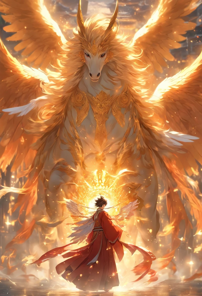 (tmasterpiece), (Best quality), Cinematic quality,Rendered by Octane,Ultra-detailed details,1 boy,Cool action,Wearing ancient Chinese Hanfu,(Ancient Chinese Formation:1.2),energy surround,light particle fluid,Fairy air fluttering,Luminous magic circle,Summon ancient beasts,There is a big horse behind him,(Horse with angel wings:1.3),
