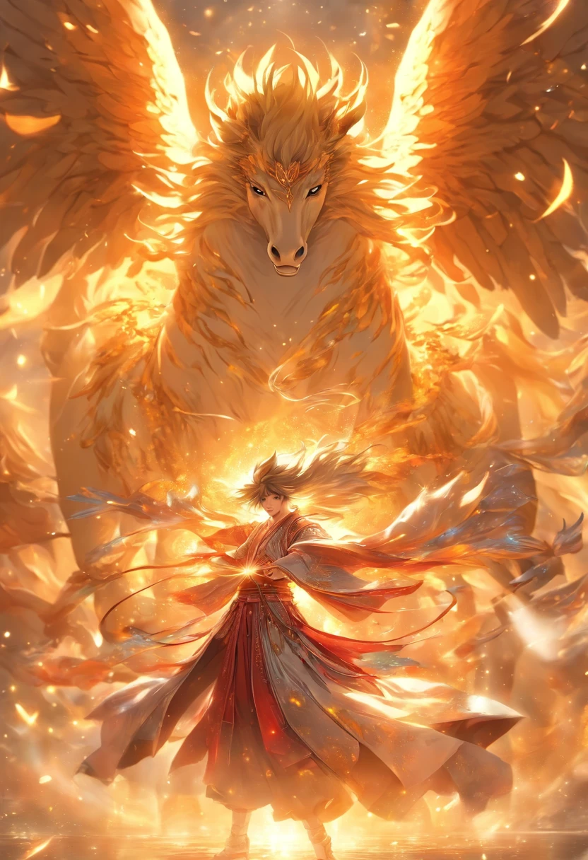 (tmasterpiece), (Best quality), Cinematic quality,Rendered by Octane,Ultra-detailed details,1 boy,Cool action,Wearing ancient Chinese Hanfu,(Ancient Chinese Formation:1.2),energy surround,light particle fluid,Fairy air fluttering,Luminous magic circle,Summon ancient beasts,There is a big horse behind him,(Horse with angel wings:1.3),