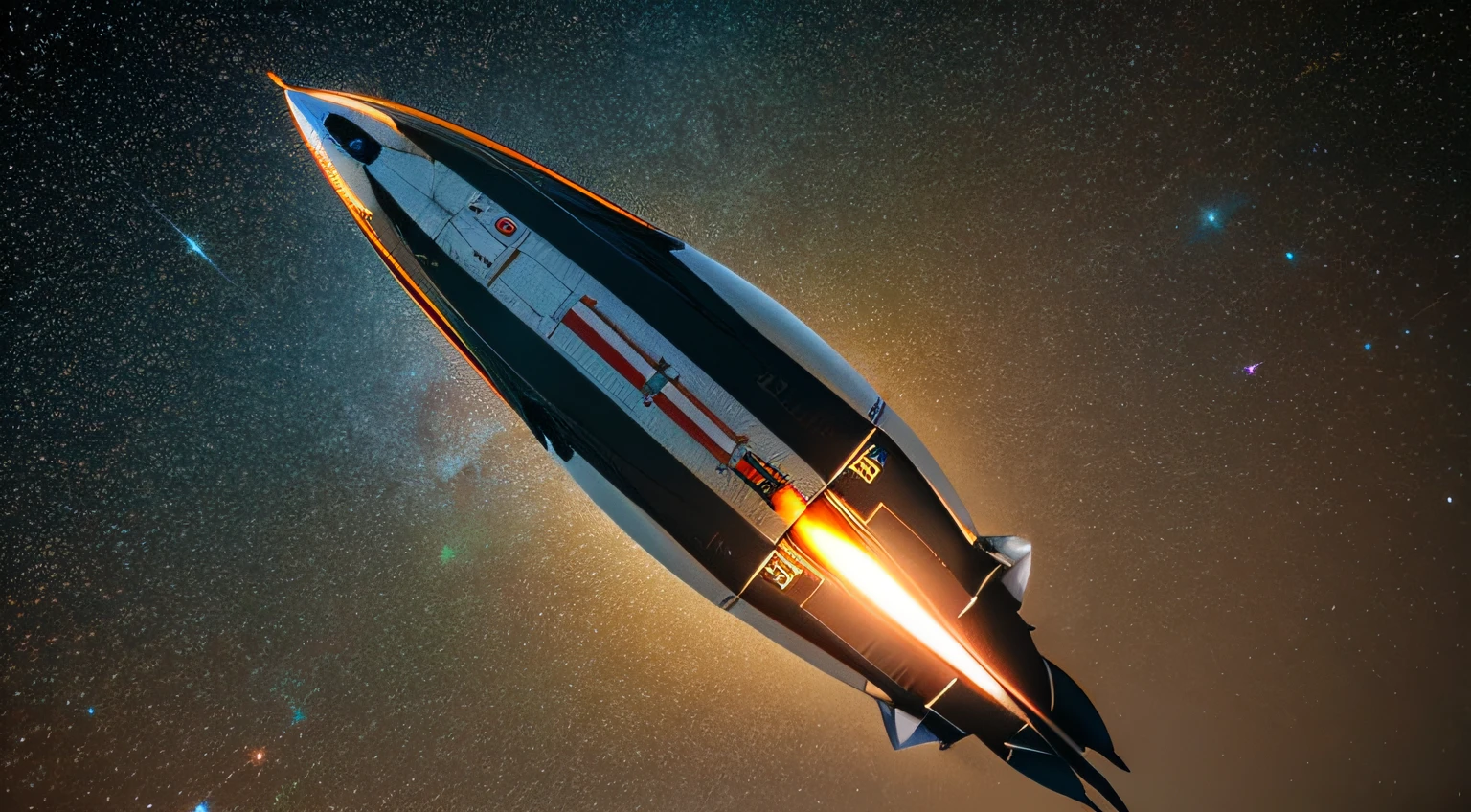 Space rocket to the edge of Mars, Mars is huge, space rocket metallic texture, glossy, realistic, hyper-realistic, bright picture, different machines, starry sky, daytime, large details of the space shuttle revealed, super wide angle, bird's-eye view, high reality, light and dark