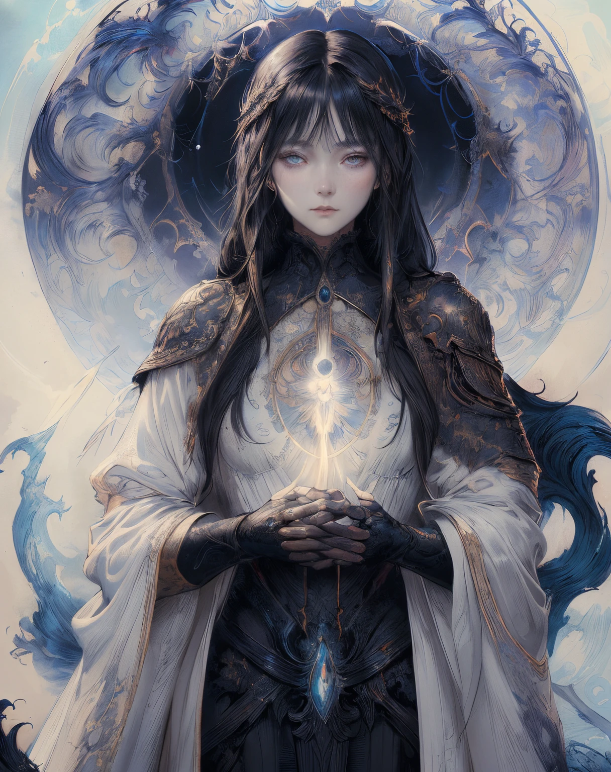 close-up of a woman in a white robe on a light background, omen from valorant, Beautiful woman with blue long hair - goddess of light, dark fantasy style art, Dark art style, painted in the style arcane, alphonse mucha and rossdraws, in style of dark fantasy art, eerie and grim art style, occult details, eerie art style, dan mumford tom bagshaw, 4k, tmasterpiece, higly detailed, face covered with robe, closed dress, All the details, Crystal Eyes, church, White mantle, white church robe, clasped hands, prayer