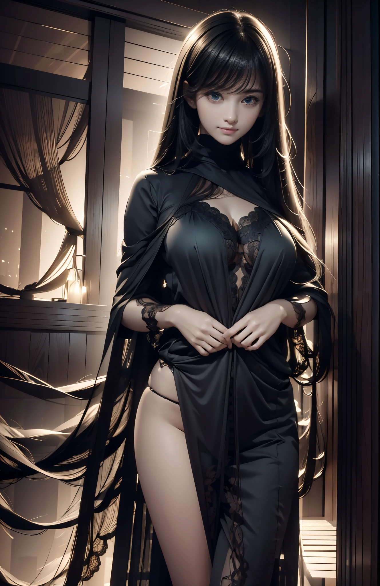 (Ultra Realistic), (Illustration), (Increased Resolution), (8K), (Extremely Detailed), (Best Illustration), (Beautiful and Detailed Eyes), (Best Quality), (Ultra Detailed), (Masterpiece ), ( wallpaper), (detailed face), solo, 1 girl, looking at viewer, fine details, detailed face, in the dark, deep shadows, low key, pureerosfaceace_v1, smiling, long hair, black shawl straight hair , 46 points oblique bangs