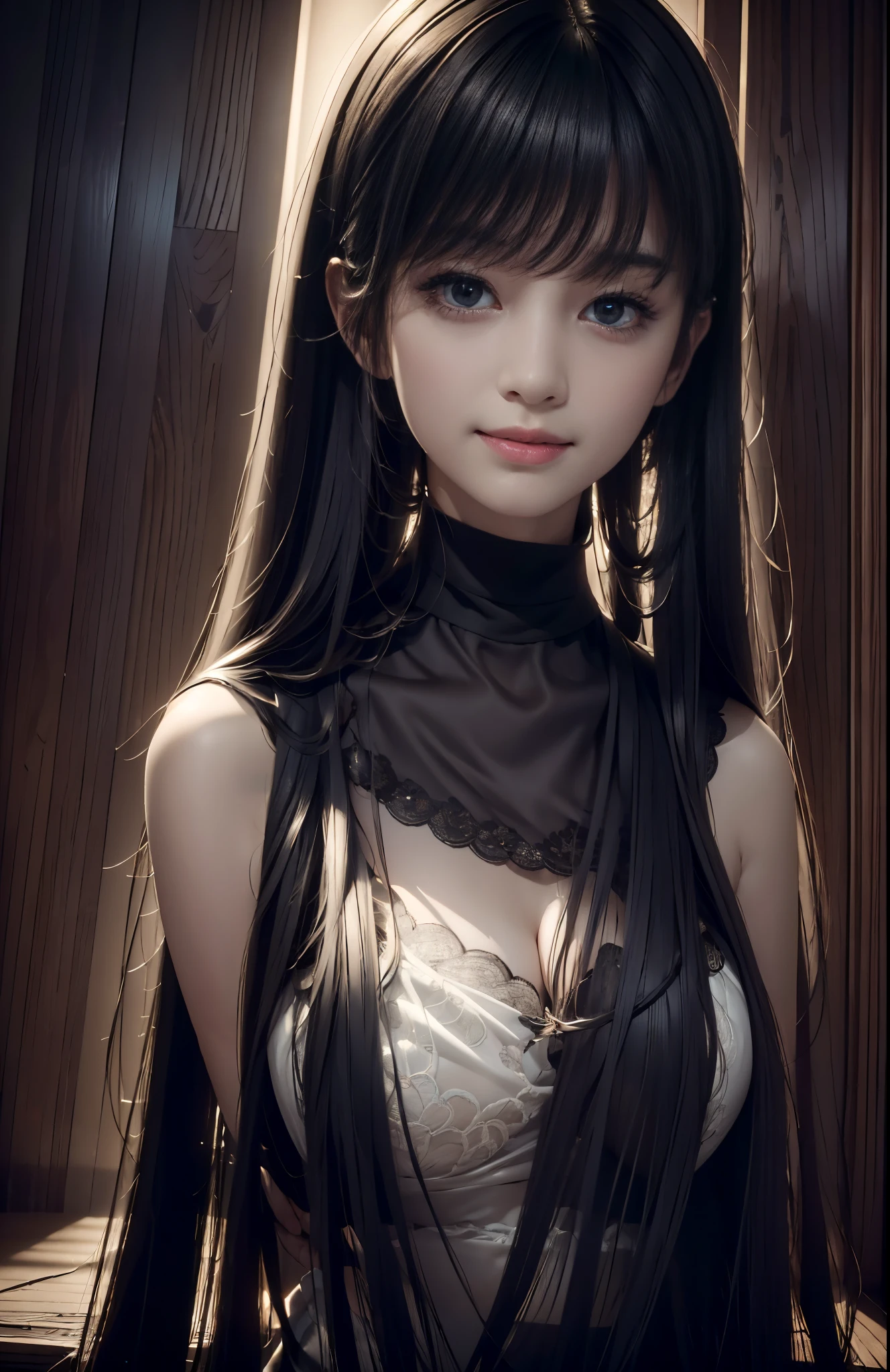 (Ultra Realistic), (Illustration), (Increased Resolution), (8K), (Extremely Detailed), (Best Illustration), (Beautiful and Detailed Eyes), (Best Quality), (Ultra Detailed), (Masterpiece ), ( wallpaper), (detailed face), solo, 1 girl, looking at viewer, fine details, detailed face, in the dark, deep shadows, low key, pureerosfaceace_v1, smiling, long hair, black shawl straight hair , 46 points oblique bangs