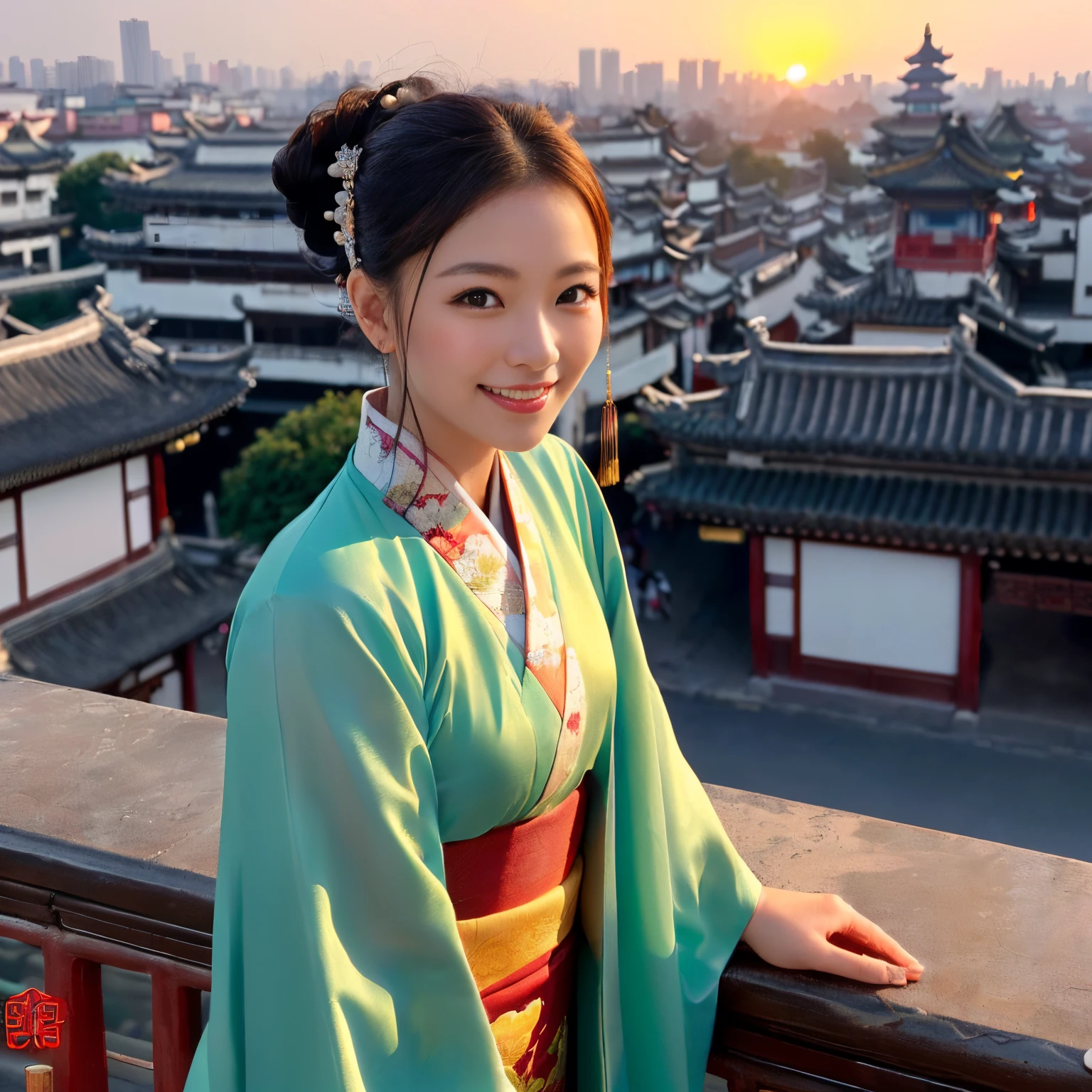 ((top-quality、masutepiece、8K、Top image quality、Very complex and detailed details、big bright sunset、Very high saturation))、(1 photo:1.7)、(The whole picture:1.7)、(the princess is near、A deep old Chinese townscape:1.7)、(Close-up photo of a woman :1.5)、(Take a photo from the upper body of the princess:1.5)、(very bright sunset sky:1.3)、((1 Princess、empress、princess of china、perfect chignon、Mainly female close-ups、Standing against the background of a gorgeous city、High class courtesan kimono))、((Gorgeous Chinese capital、Overlooking the vast capital of China、huge and majestic building、Panoramic view of the beautiful and perfect Chinese capital、Overlooking many luxurious buildings、Beautiful sunset、Fantastic sunset、Magnificent sunset、bright and bright sunset、spectacular movie lighting、luxurious and complex building、A stunning reproduction of China&#39;s gorgeous capital、Luxury streets of China))、(View me、Look at viewers、perfect anatomia、Biggest smile、The happiest smile)