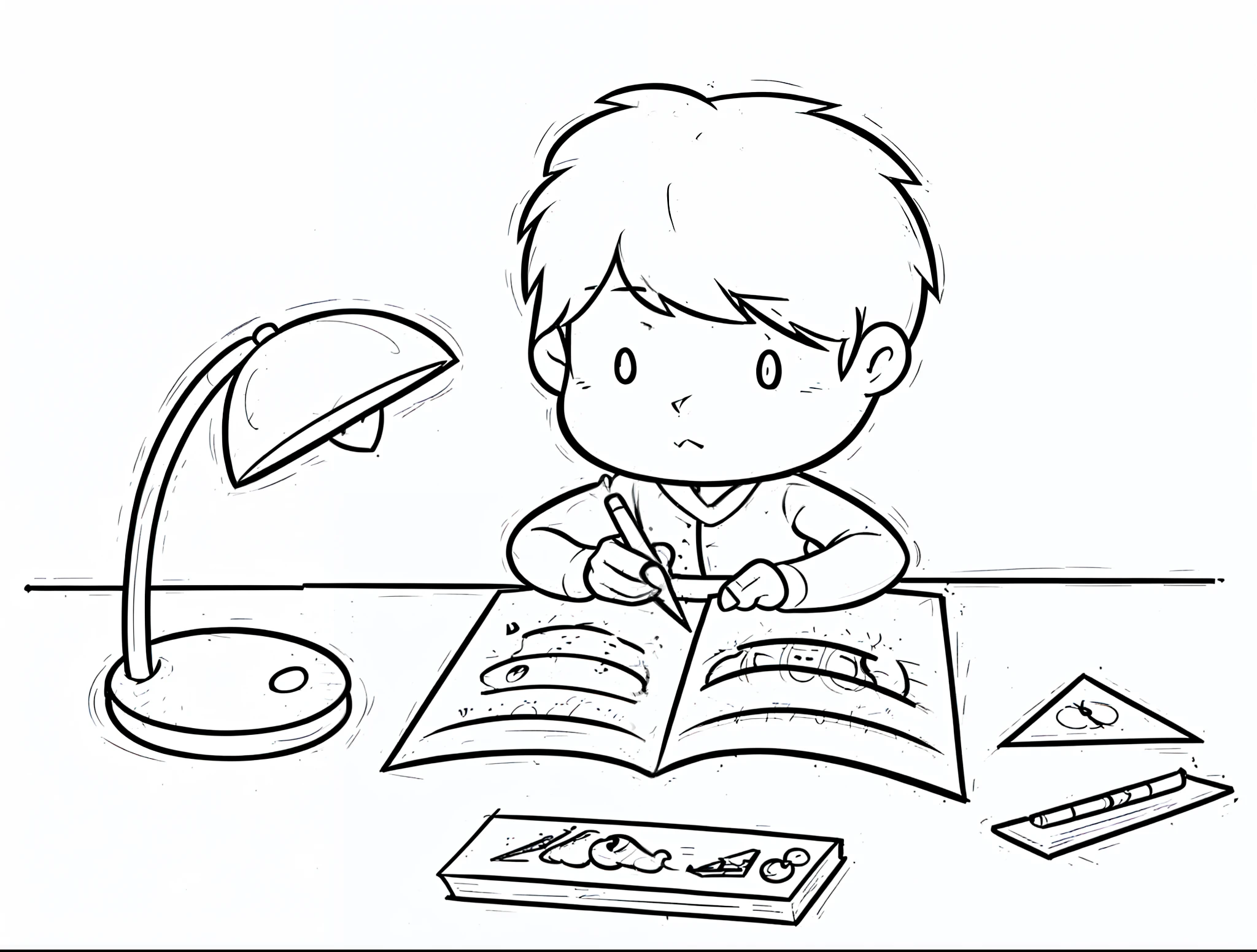 A boy writes on the desk with a lamp and a book, Clean coloring pages, contour drawing, Coloring book outline, Sitting at your desk, pupils, Try to learn, Learn, kids drawing, The children\book pictures, Children's drawing, Studious, designs, coloring page, line drawn, Cartoon drawing, kids drawing, line art