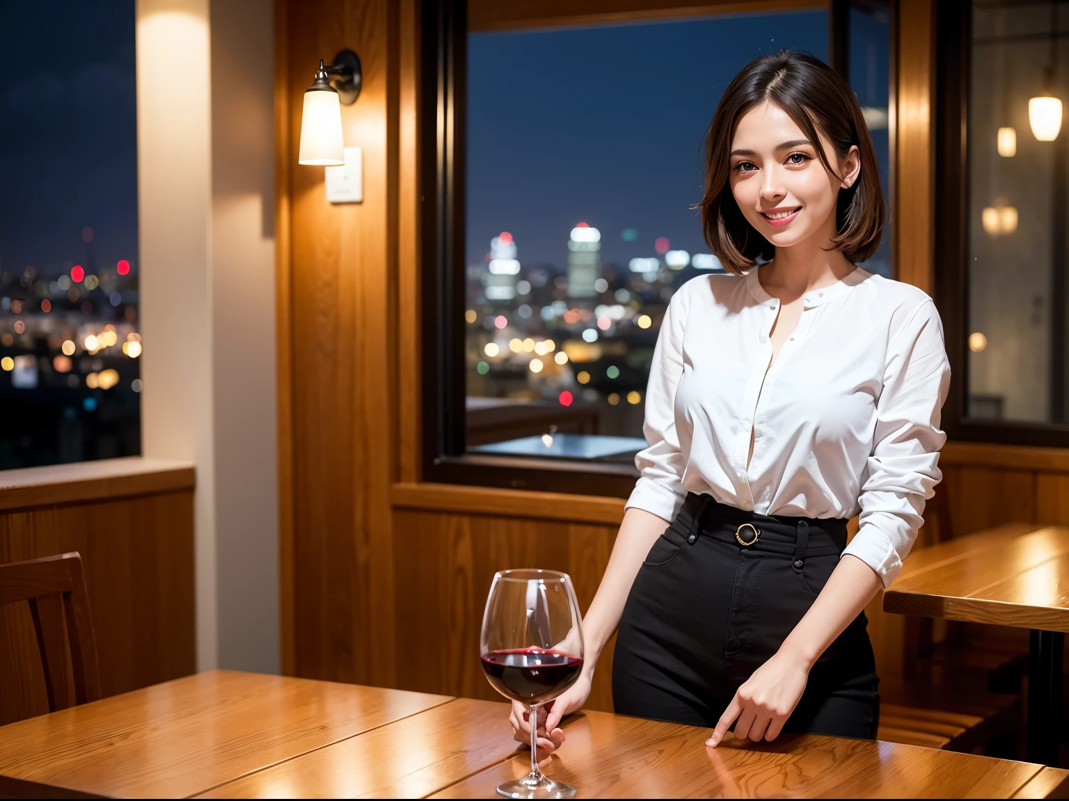 (64K, UHD, top quality, masterpiece: 1.2), (realistic, photorealistic: 1.37), super detailed, pretty woman 1 person, (slim face), (slim body), (brown hair), (short cut), cheeks slightly blushing, (35 years old), 38 years old, solo, beautiful detailed urban night view outside the window, restaurant, wine glasses sit, at night, in a prominent place (from the waist up) NovaFrogStyle, Actress, Model, Waist Up, White Wine, Slim, Wine Glass, Super Clean Night View, Wine Glass Put in the Middle, Happy Smile, (Smile: 1.15), Beautiful Fine Eyes, Upper Body, Bust Japan Up, Night, Short, Short, Actress, Model, Waist Up, White Wine, Slim, Wine Glass, Super Clean Night View, Wine Glass Put in the Middle, Happy Smile,