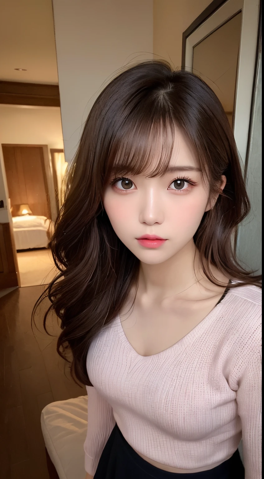 masutepiece, Best Quality, Illustration, Ultra-detailed, finely detail, hight resolution, 8K Wallpaper, Perfect dynamic composition, Beautiful detailed eyes, Medium Hair,Brown hair color ,Small breasts, Natural Color Lip, Random and sexy poses,Random situations,Slender body,Slender face,Face that feels ecstasy,Have a feminine face,A face that trembles with sex in earnest,Sexy face, (masutepiece:1.3), High resolution, ultra-detailliert, the Extremely Detailed CG Unity 8K Wallpapers, Realistic, Photorealsitic, Raw photo, beautifull detailed face, pale skin, realistic glistening skin, Detailed Cloth Texture, detailed hair texture, Perfect body, Beautiful face, acurate, Anatomically correct, Highly detailed face and skin texture, Natural neck length, (Beautiful hands), (Fair skin:1.2), thin legs, Thin feet,
BREAK,
Detailed eyes, symmetrical eye, Light brown eyes, Double eyelids, Thin eyebrows, (Glossy lips:1.4), ((Waiting for a kiss:1.2)), (blush:1.1),
BREAK,
(Classy and cute girl:1.3), (i'Mrs. Mrs. Mrs. Mr. M wearing a pale pink long-sleeved knit。。。。。。。。。。。。。.。), (Grey flared skirt:1.2),
medium breasts, (Slender figure:1.1), Firm abs, Beautiful collarbone,
(Dark blonde hair, Wavy Hair, Long hair:1.3), ((asymmetrical bangs:1.2)), (upperbody shot:1.2), Looking at Viewer, (From above:0.65),
oot, ((Stand close to me, (a room), ((Home)),KPOP Idol Face,Cute,Take a photo from slightly above your head,Kamimei