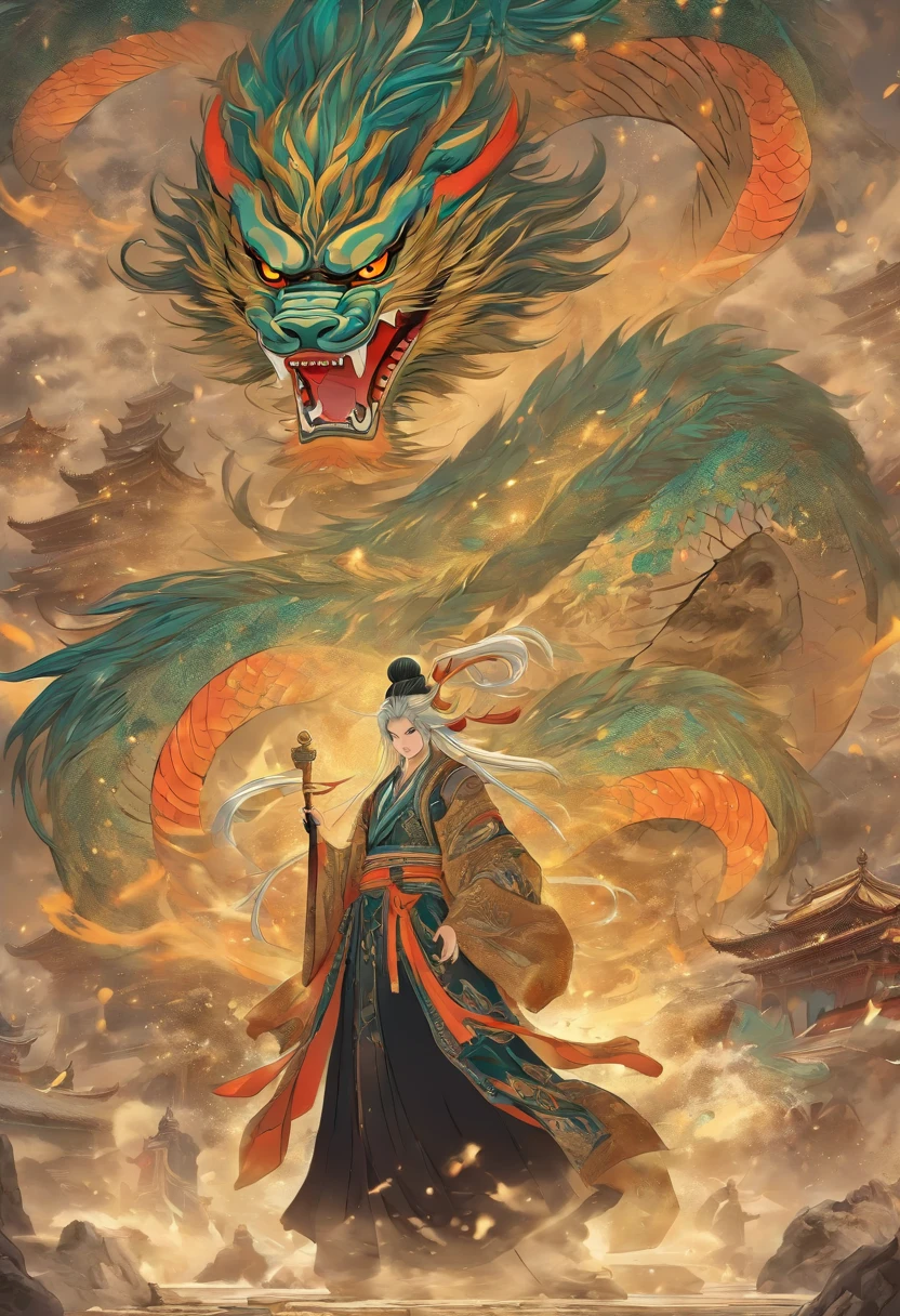 filmposter,The sacred beast of Shan Hai Jing,Hammer,The body hair of Yongzhu is up to two feet long,The tail is eight feet long,The body shape matches its fangs,Make its image appear particularly terrifying。mistic ,legends , ancientry , mito ,Cultural symbols ,Dunhuang art,black and gold,2D,low angle shot,very imaginative,Epic。