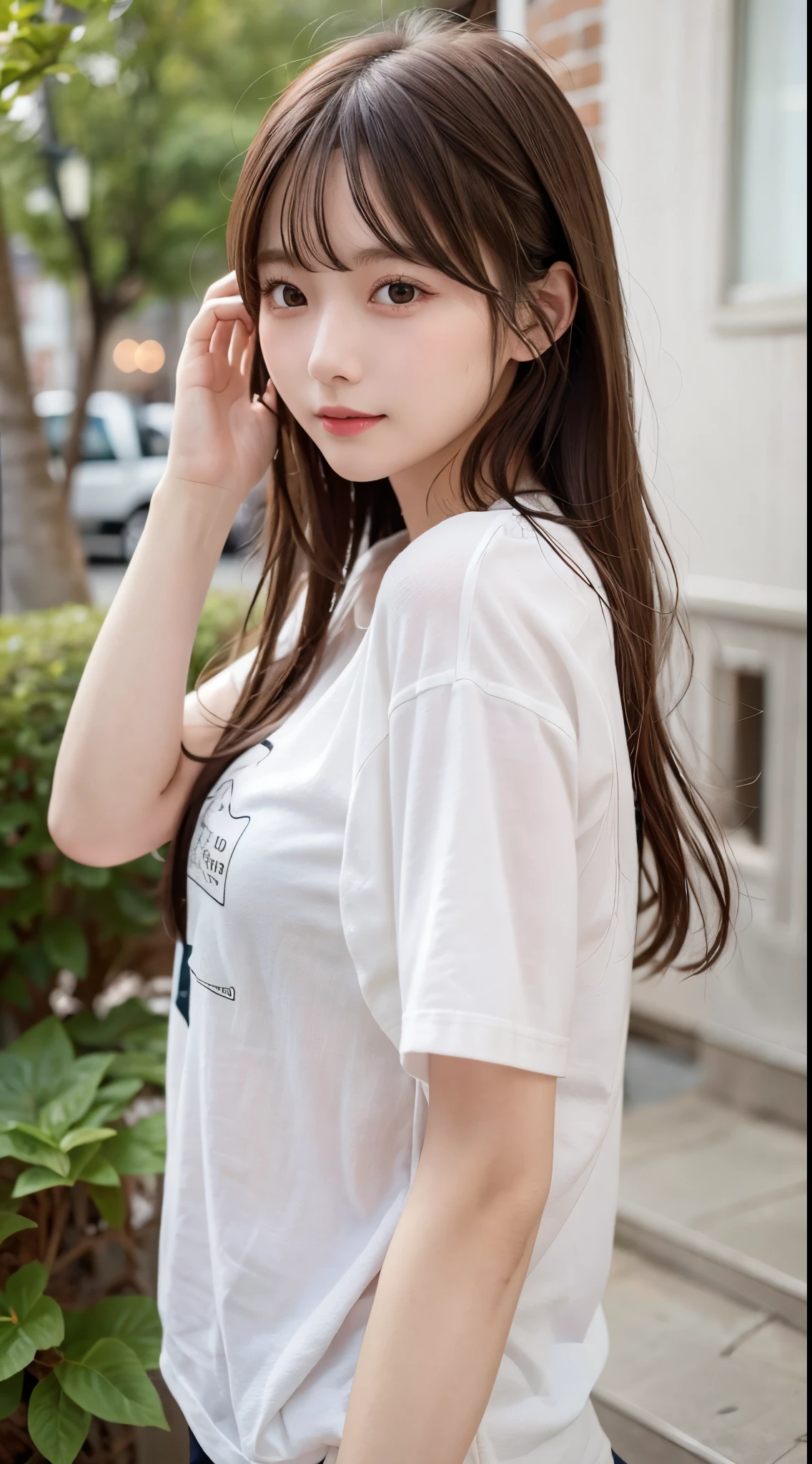 (frombelow:1.4)、((1girl in)),Light Brown Fringe Hair、Braided hair、disheveled hair、Light brown eyes、(dignified expression)、(爆乳:1.4)、Emphasize the valley、fittingroom、(Photorealsitic)、(intricate detailes:1.2)、(masterpiece、:1.3)、(top-quality:1.4)、(超A high resolution:1.2)、超A high resolution、(A detailed eye)、(detailed facial features)、(breast hold:1.4)、(Fashionable T-shirt:1.4),White underwear underneath:1.4