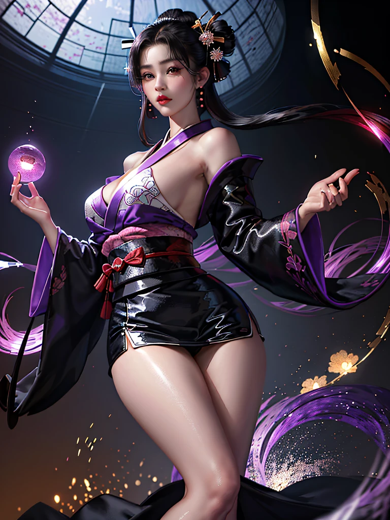 (Beautiful model in Japanese kimono commercial, beautiful straight long black hair), solo, ((face is 80% beauty and elegance, 20% pretty and cute:1.5)), clear eyes, (detailed eyes, light green eyes, bright pupils), Double Eyelids, (sexy lips with a little thickness:1.2), ((super detailed and incredibly high resolution Deep-purple Kimono:1.2)), Highly Detailed Face Texture, striking body shape, curvy and very attractive woman, high-resolution RAW color photo pro photo, BREAK ultra high-resolution textures, High-res body rendering, big eyes, unparalleled masterpiece, incredible high resolution, super detailed, stunning ceramic skin, BREAK ((Facing back to show the pattern of the Kimono:1.5)), ((Wearing a Yohen-Tenmoku kimono that uses a lot of glittering Deep-purple:1.5)), ((The main color is Deep-purple and the Yohen-Tenmoku Kimono has very colorful embroidery:1.2)), (Half-collar and Obi are White) ,(elaborately made classical Japanese Yohen-Tenmoku Kimono), ((The embroidery pattern is a Yohen Tenmoku pattern reminiscent of outer space):1.2), ((elaborately and elegantly decorated Deep-purple Kimono)), (Taken in front of a round fusuma window in a Japanese-style room)) BREAK ((Best Quality, 8k)), Crisp Focus:1.2, (Layer Cut, Big:1.2), (Beautiful Woman with Perfect Figure:1.4), (Beautiful and elegant rear view:1.3), Slender waist, (Correct hand shape:1.5), (Full body shot | cowboy shot)
