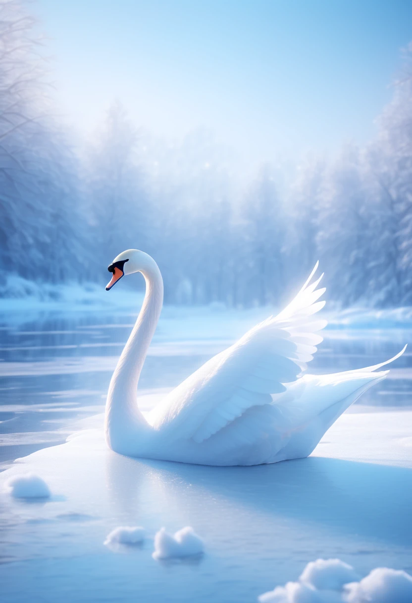 Ultra wide Angle, Tetsuko Kawauchi's photography style, vistas, soft contrasts, dreaminess, bright tones, twilight, an elegant white swan in a blue lake, wings spread, snow day, snow season, white woods in the distance, visionary elements, surreal style, Unreal Engine, futuristic images, scatter composition, removal of buildings, snow and ice, lakes, beautiful sky background, Soft colors,