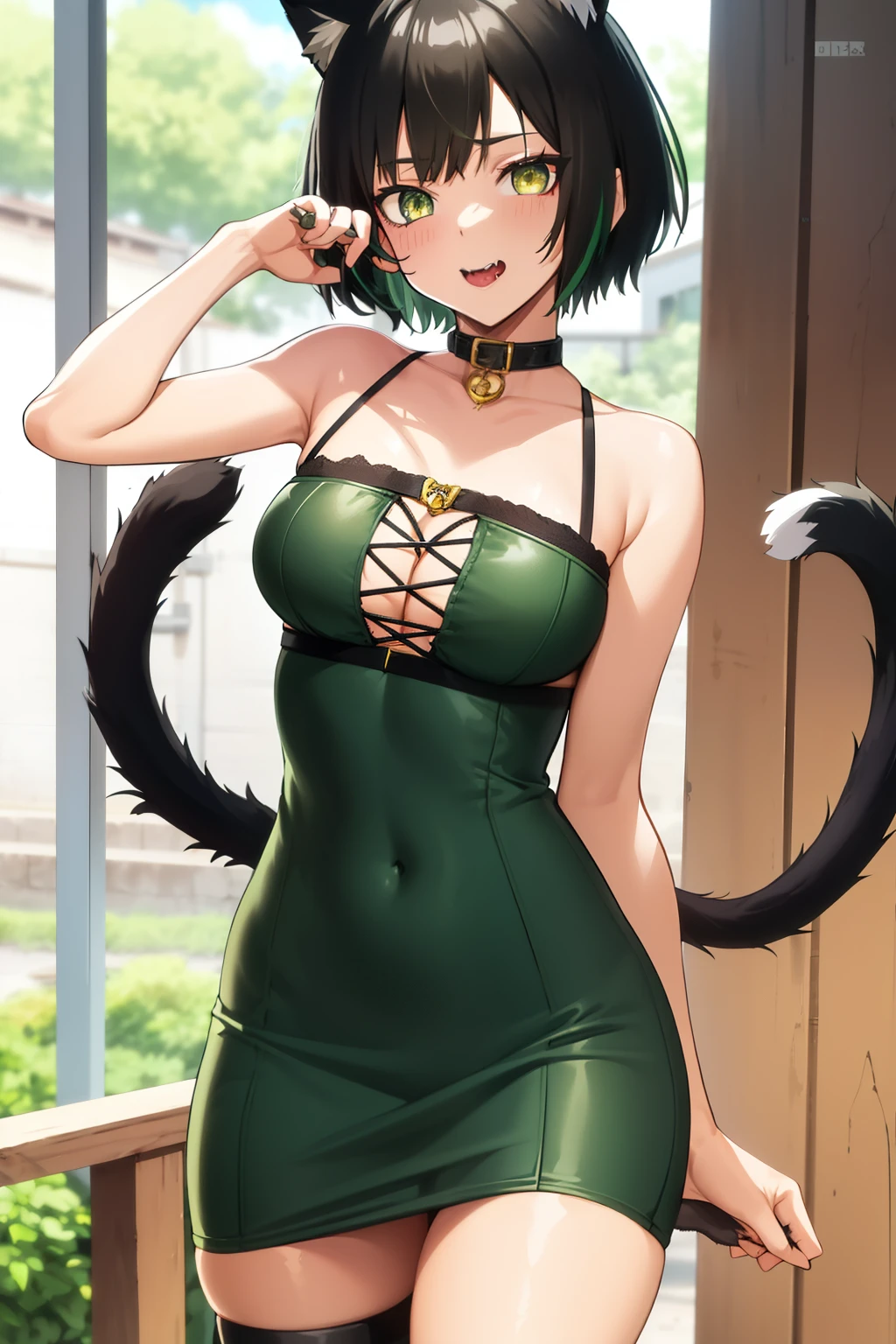 Cute girl, dark green hair, yellow eyes, short hair, cat ears, cat tail, cat collar, sexy body, sex, sexy, eat meat, Long red dress