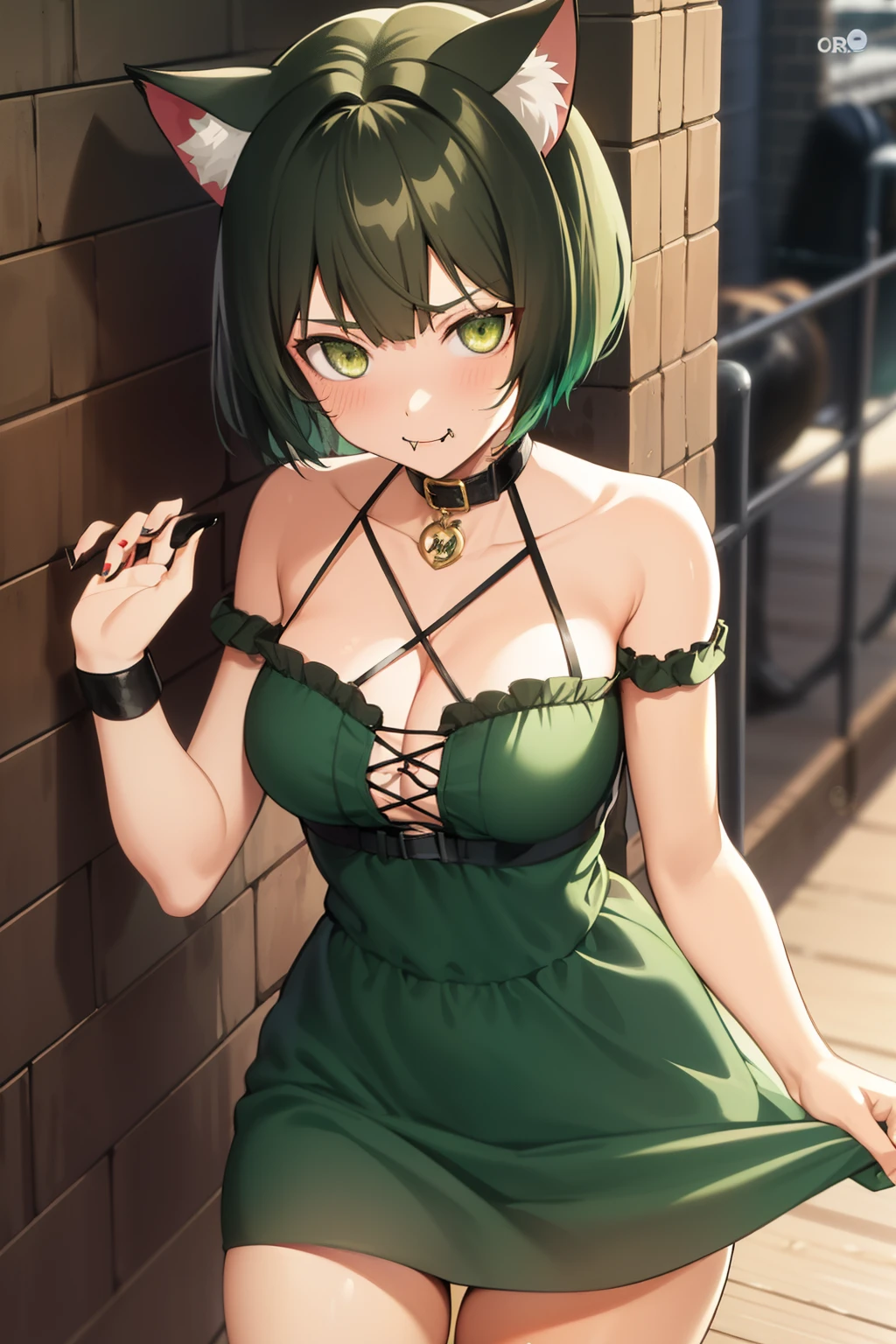 Cute girl, dark green hair, yellow eyes, short hair, cat ears, cat tail, cat collar, sexy body, sex, sexy, eat meat, Long red dress
