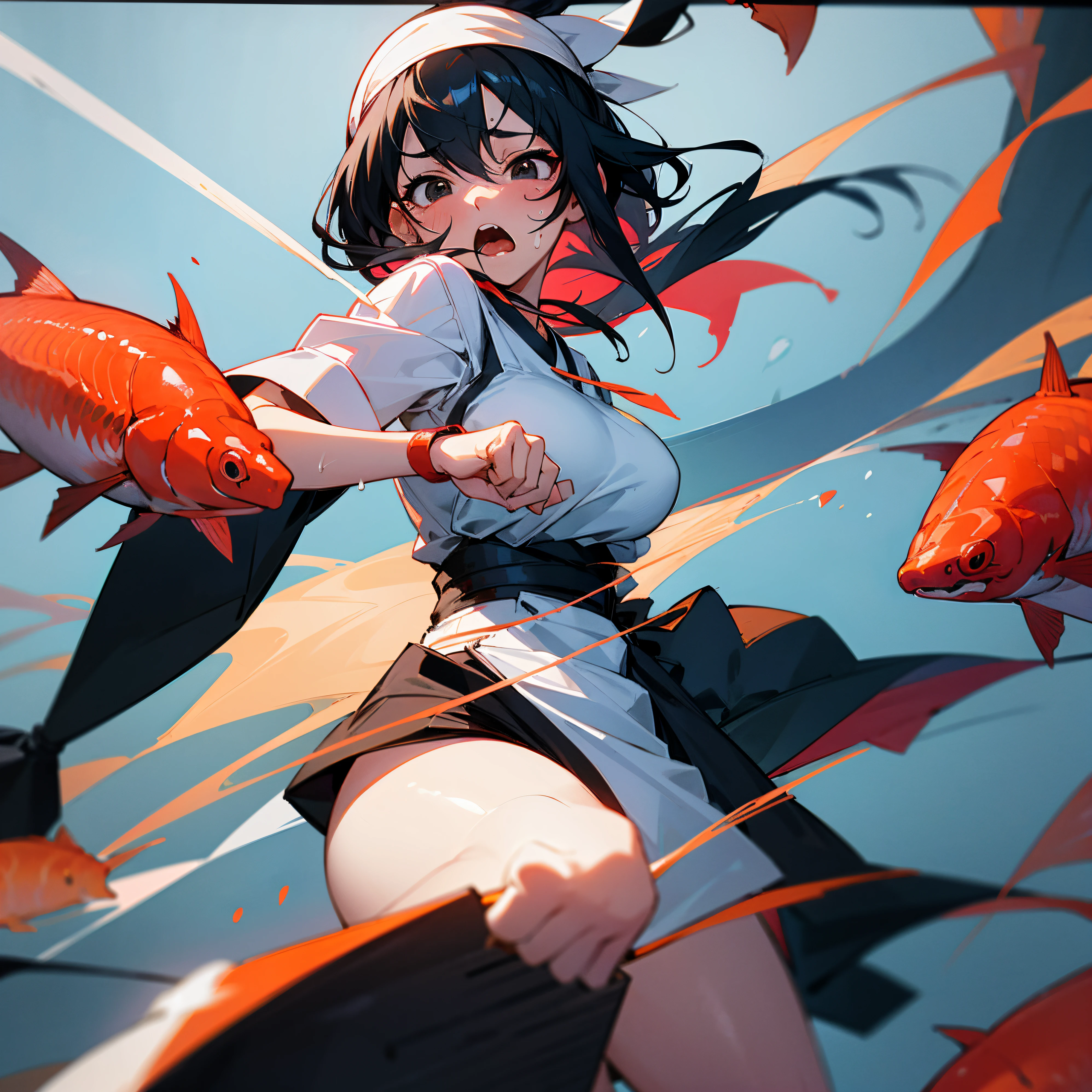 sushi chef preparing fish, anime girl, incredibly nervous, sweaty, scared, cutting fish on a board, black hair, black eyes, cartoony girl, sushi chef outfit, large breasts, masterpiece, mouth open, horrified, kitchen background, white headband