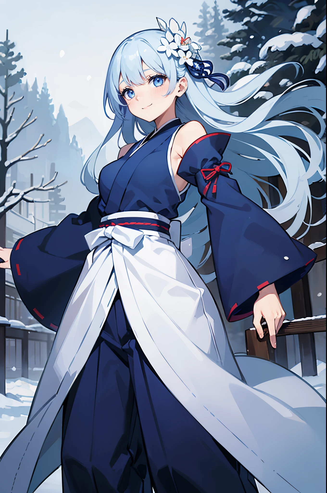 Safe for work, masterpiece, best quality, solo, 1 girl, wholesome girl, (young female body:1.4), ( medium breasts), cowboy shot, light blue hair, long light blue straight hair, almost white hair, extra long hair, blue eyes, piercing blue eyes, expressionless, suprised, outdoors, snowing fantasy, japanese town, snow, japanese tradiotional hakama, blue hakama pants, detached sleeves, white flower hair ornament, elegant woman, shy smile, flustred, dark blue hakama pants, fighting stance