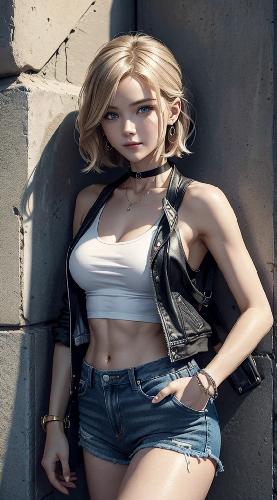 A 23-year-old white woman with unparalleled beauty.、blue eyess、dark blonde、hair is wavy、Short Bob、leaning against a wall on a city street、a smile、View from the front、wearing black tanktop、wearing a black choker、I'm wearing hot pants made of jeans fabric with tight distressing.、You have one hand in your pocket、The navel is out、My abs are cracked、Slender yet well-proportioned body、sunlight is shining from above、Photorealistic images、8K picture quality、I'm punching my chest、I don't want my head to disappear from the screen.、The color of the jacket is random、I'm wrapping my jacket around my waist、I'm pulling my hair up、Wearing accessories on your wrist