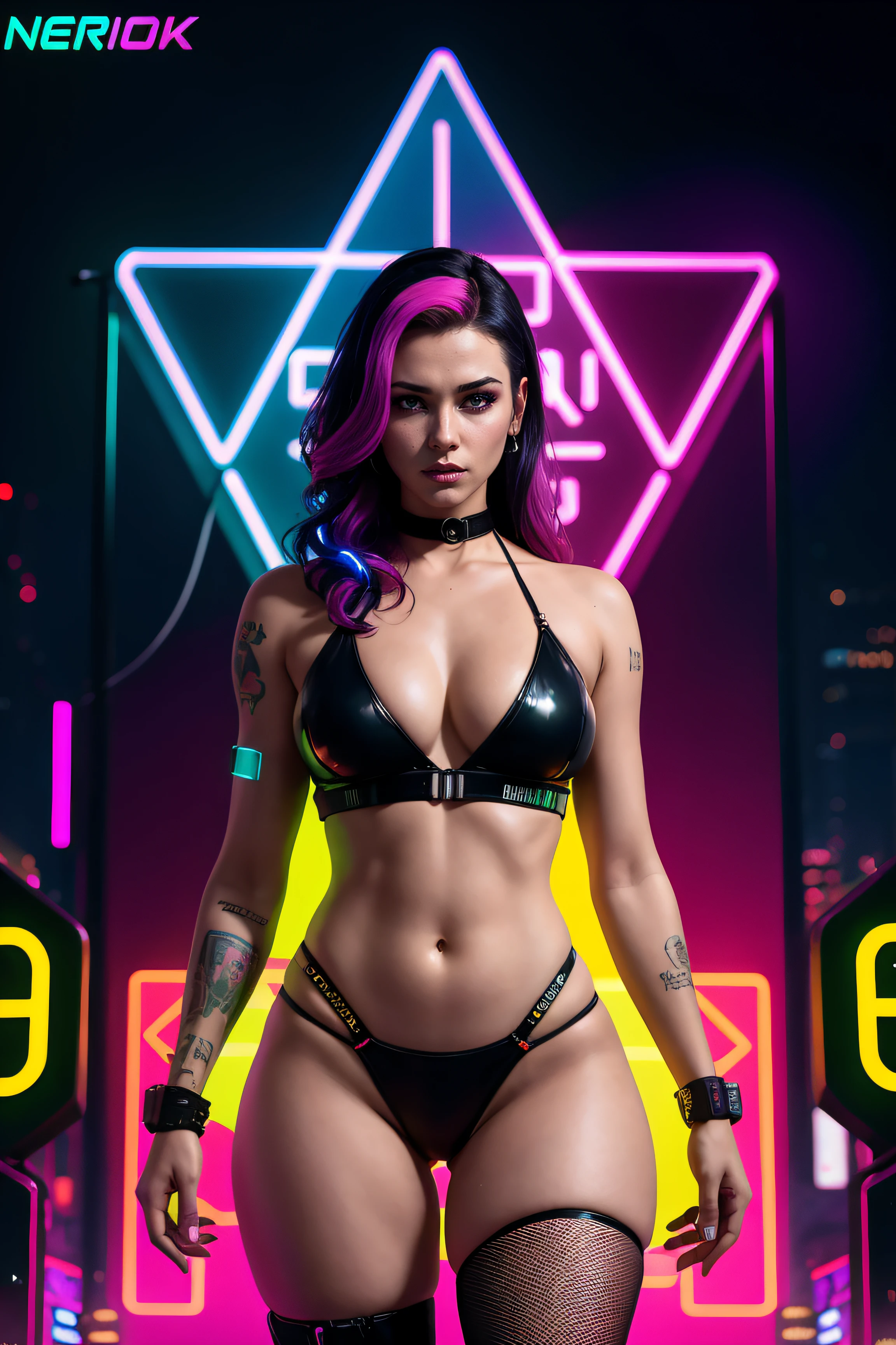 there is a woman standing with a rainbow light, 3 d neon art of a womans body, neon-noir background, cyberpunk femme fatale, seductive cyberpunk dark fantasy, cyberpunk strip clubs, cyberpunk 20 y. o model girl, oppai cyberpunk, banner, high definition cgsociety, cgsociety masterpiece, trending on cgstation, kda